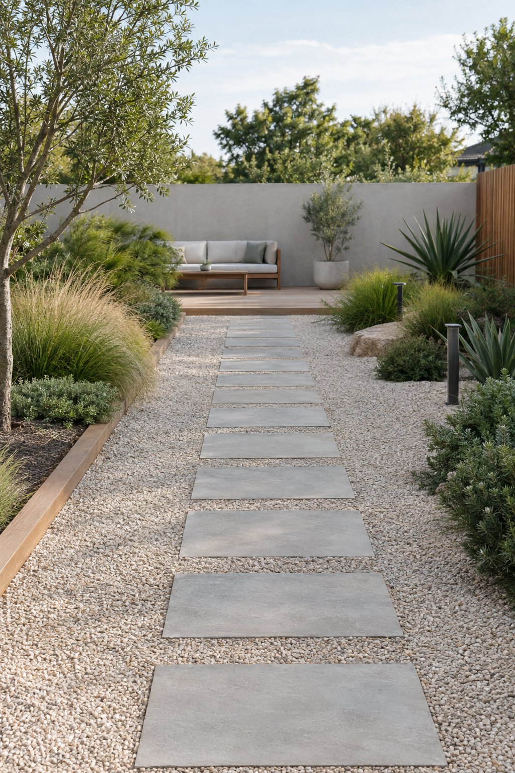 A gravel path with large rectangular stepping stones leads through a minimalist backyard garden.