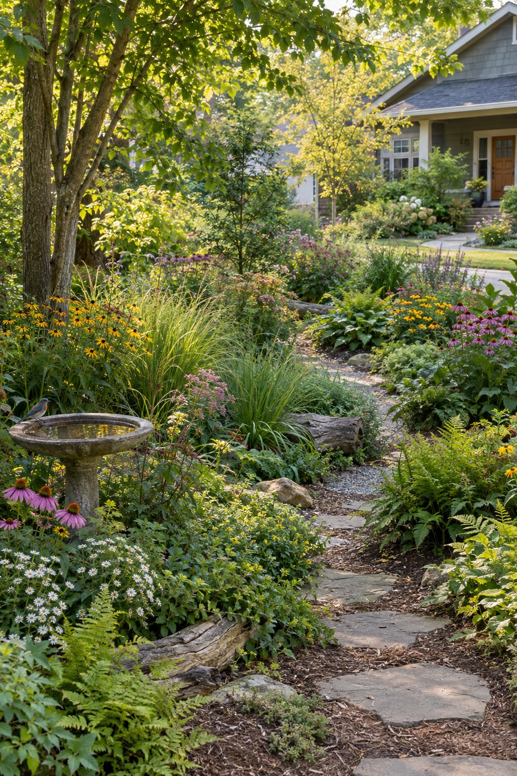 A native plant corridor connects a lush backyard garden to a welcoming front yard.