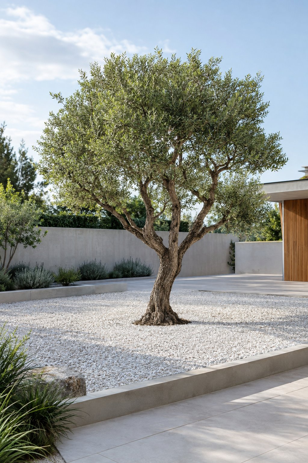 A single leafy tree stands in a white gravel bed in a minimalist backyard garden.