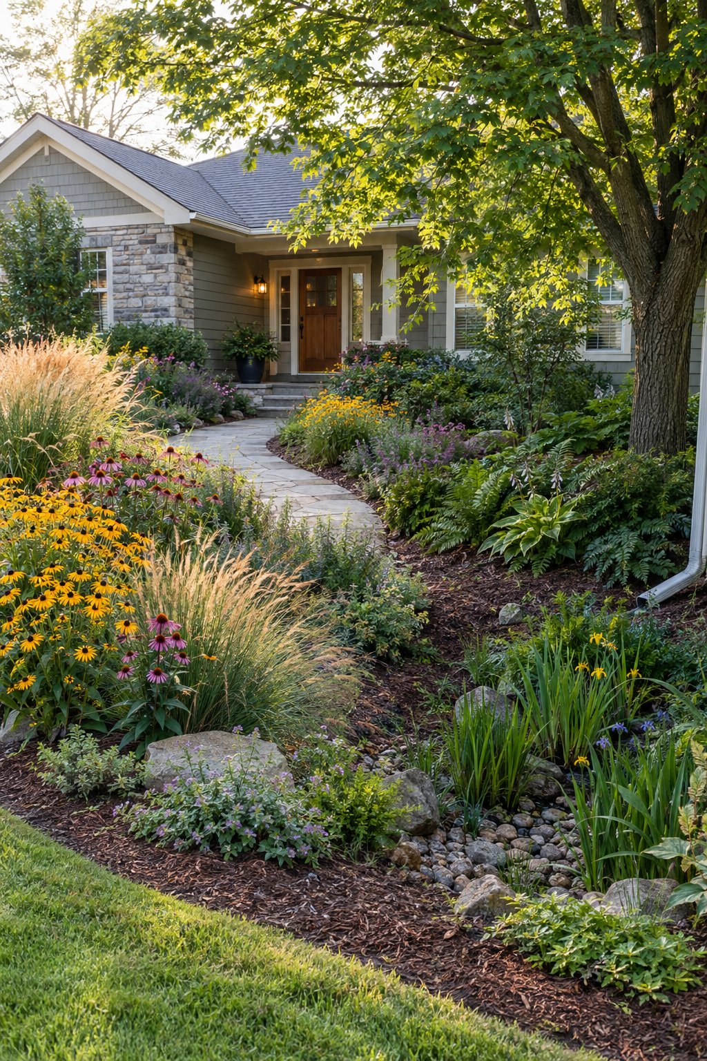A welcoming front garden with native plants arranged in sunny, shaded, and moist areas around a home entrance.