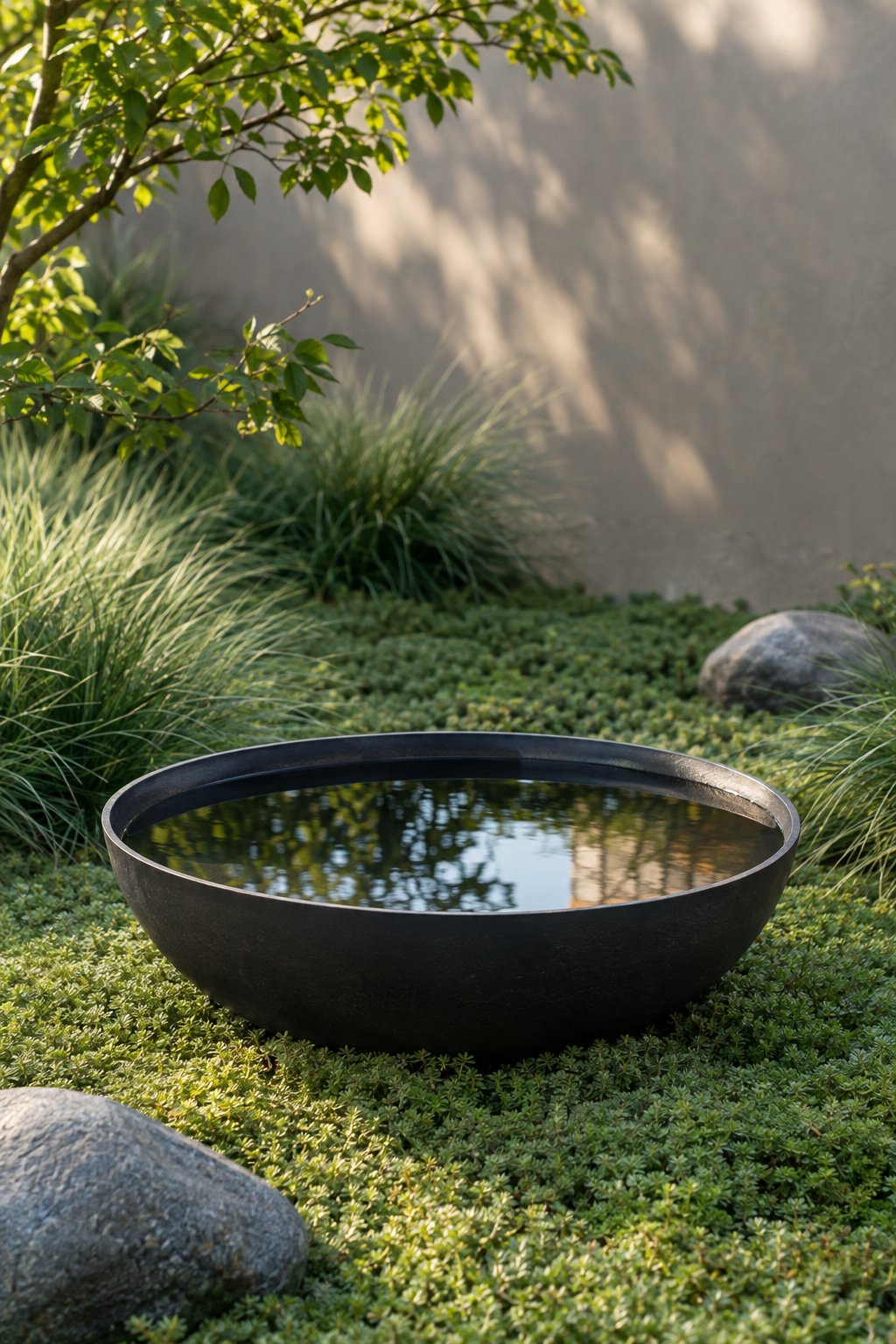 A black steel water bowl surrounded by low green groundcover in a minimalist backyard garden.