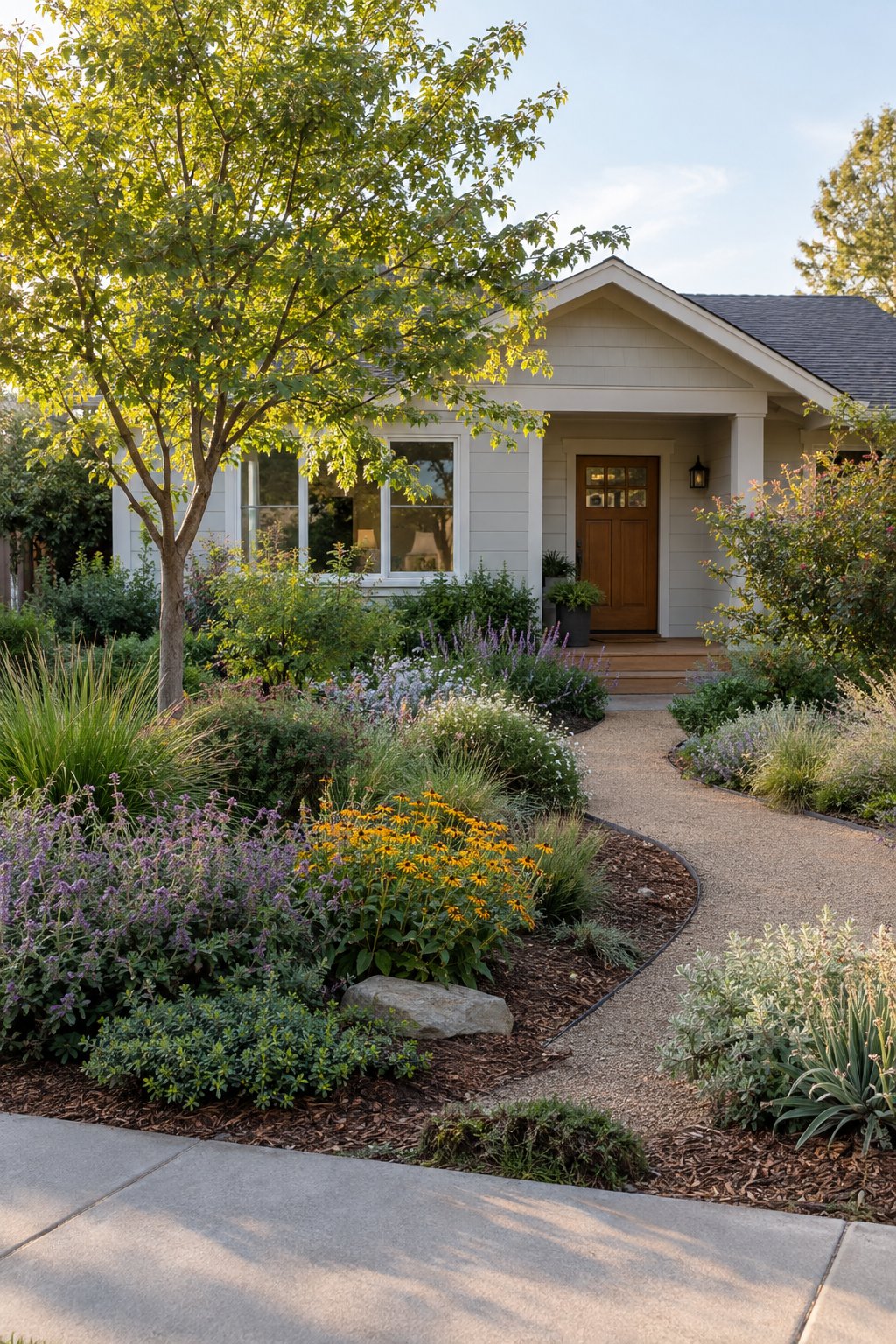 A tidy native front garden with layered plants, a curved path, and a welcoming home.