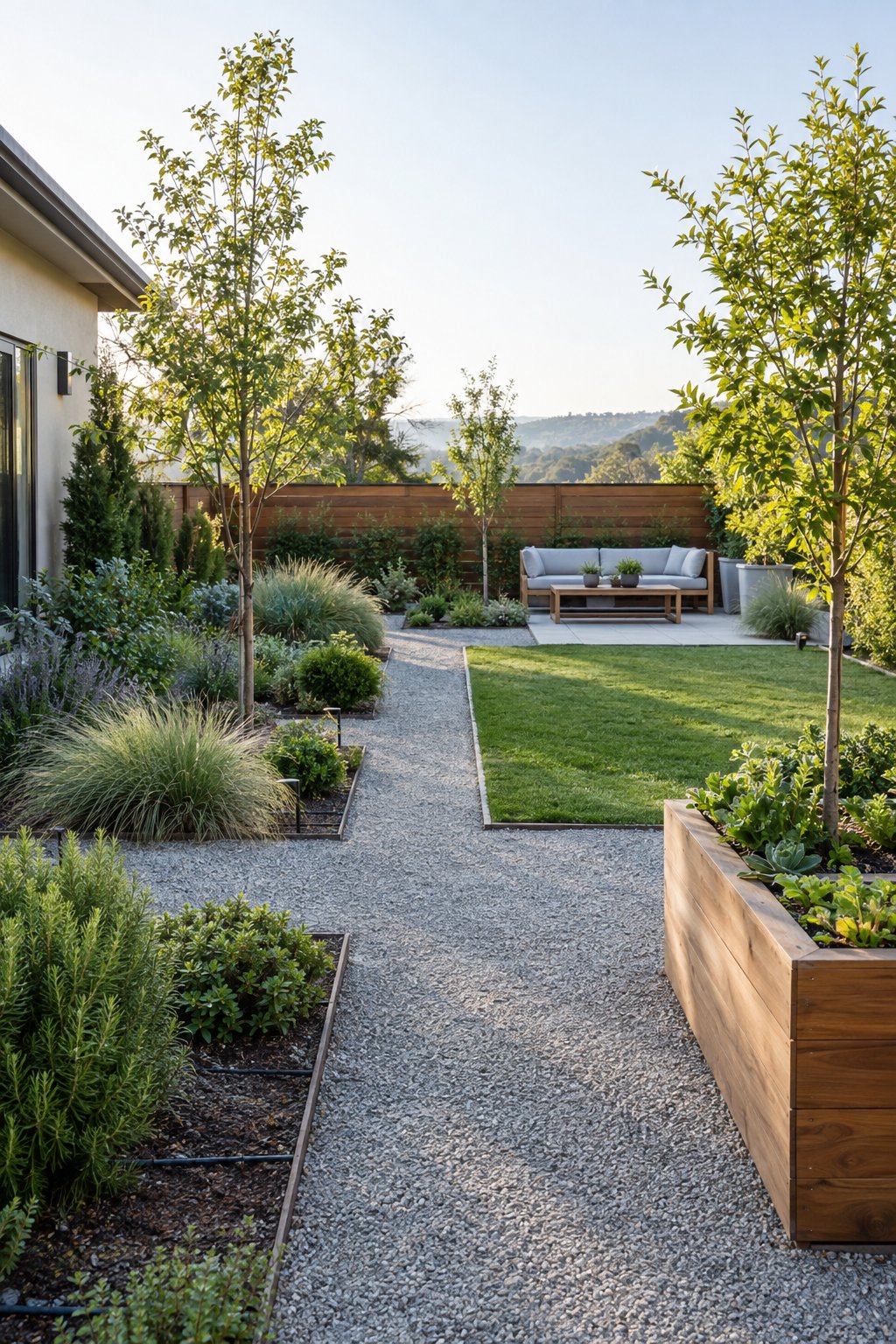 A neatly arranged minimalist backyard garden with geometric planting beds, gravel paths, green plants, and a small seating area.