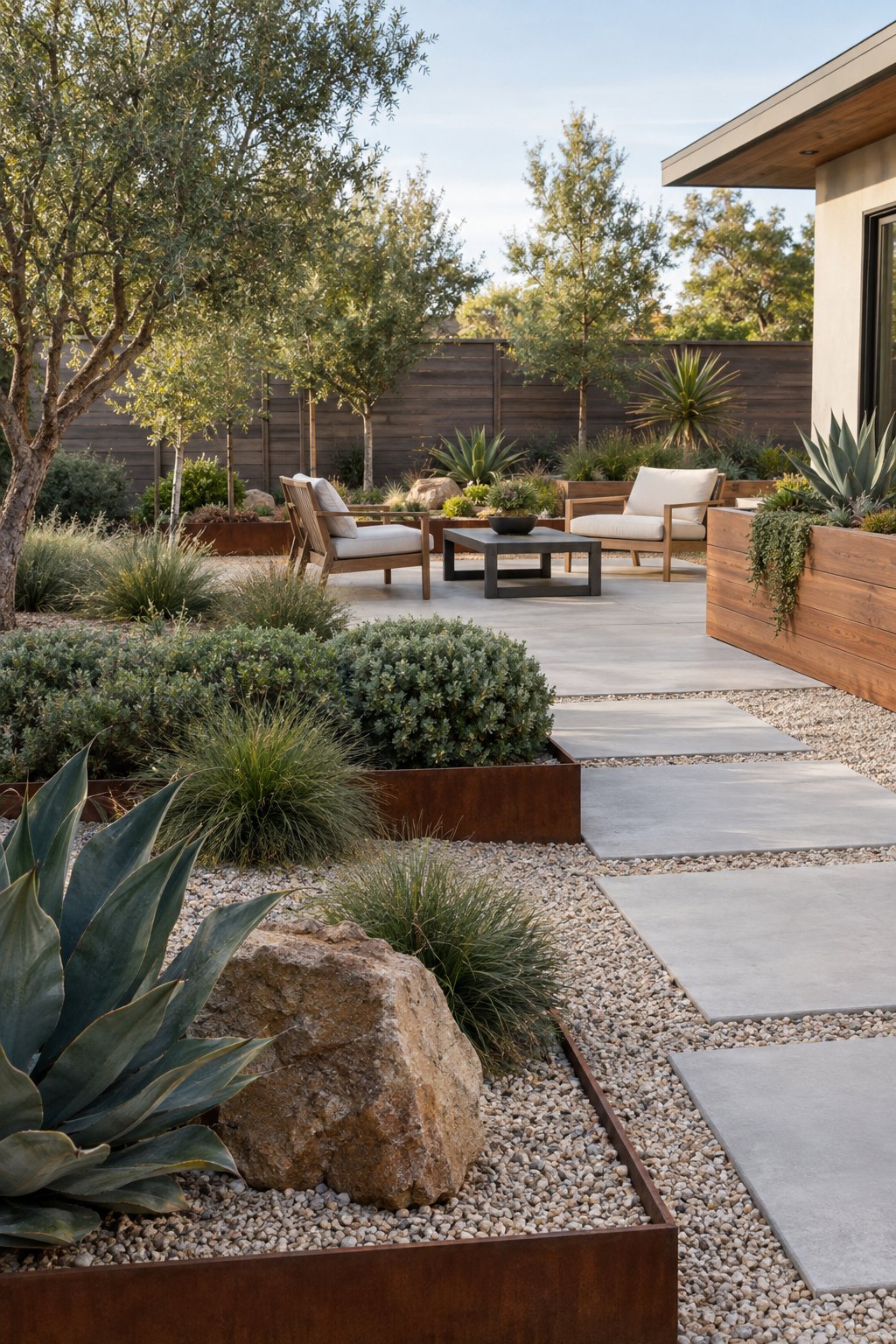 A minimalist backyard garden with drought-tolerant plants, gravel, concrete pavers, stone, and a simple seating area.