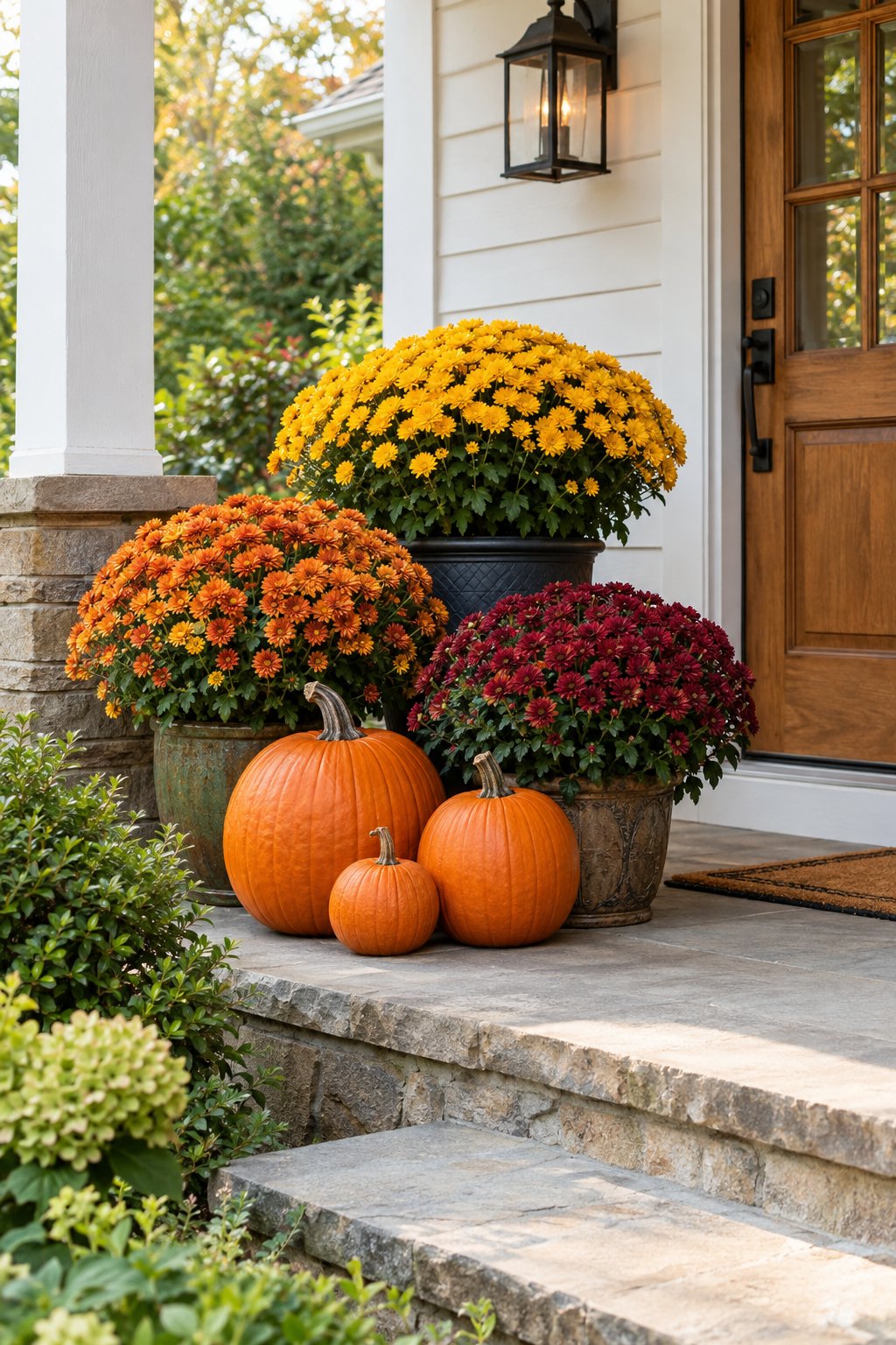 Colorful potted chrysanthemums and orange pumpkins decorate a front porch.