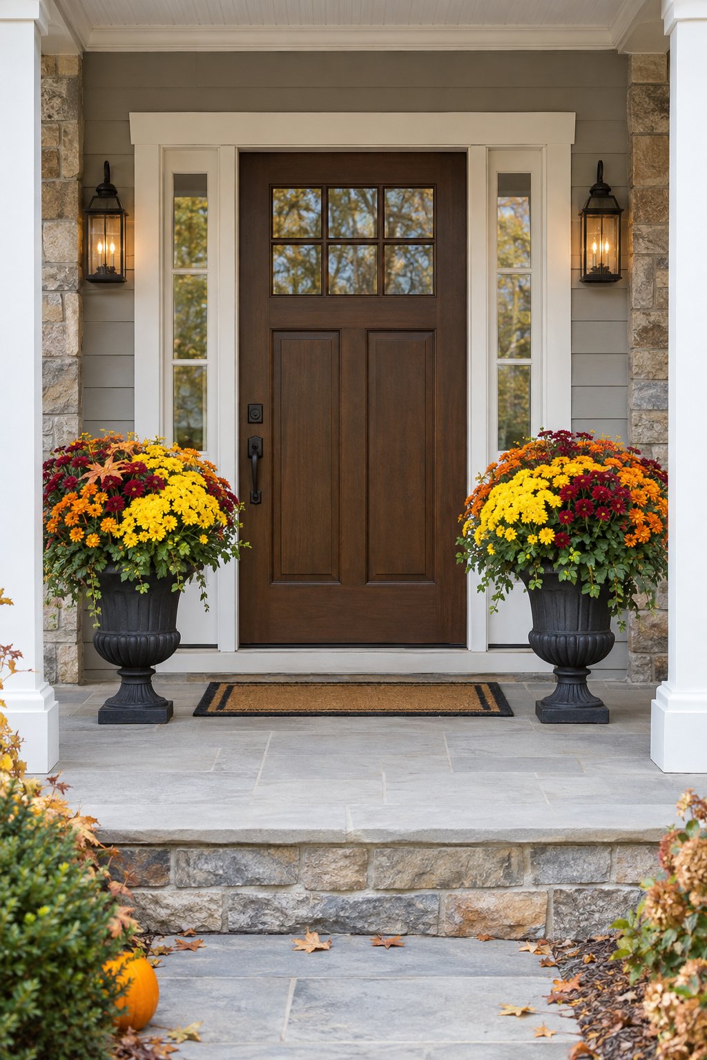 Matching urns filled with colorful chrysanthemums flank a front door.