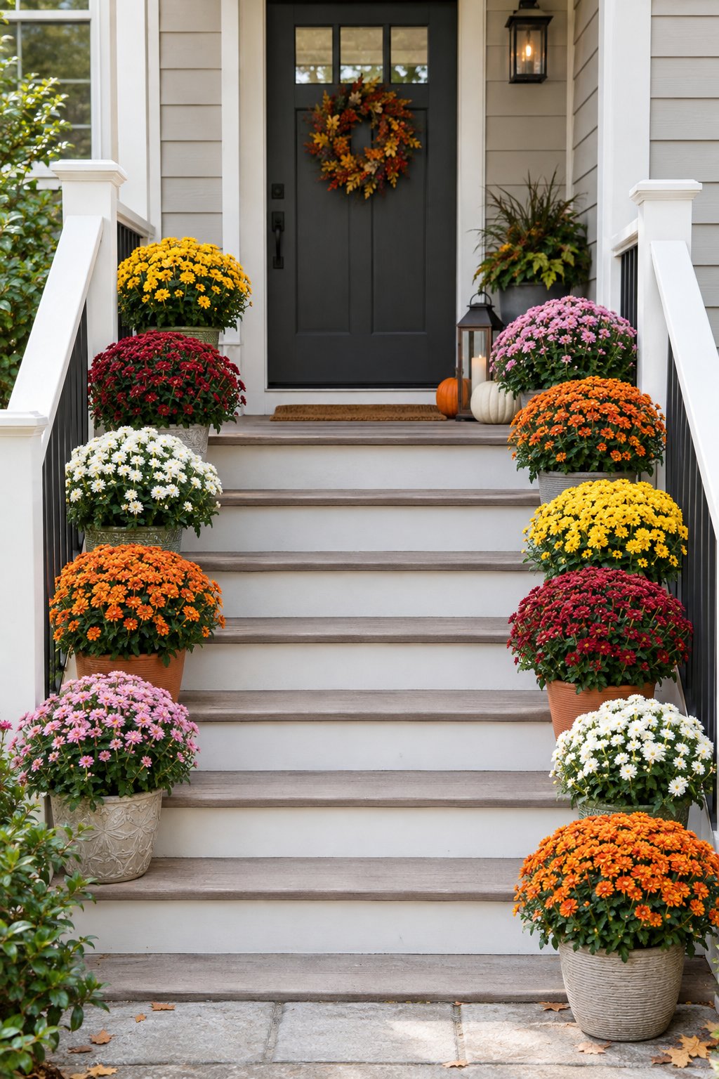 Colorful potted chrysanthemums decorate the steps of a front porch.