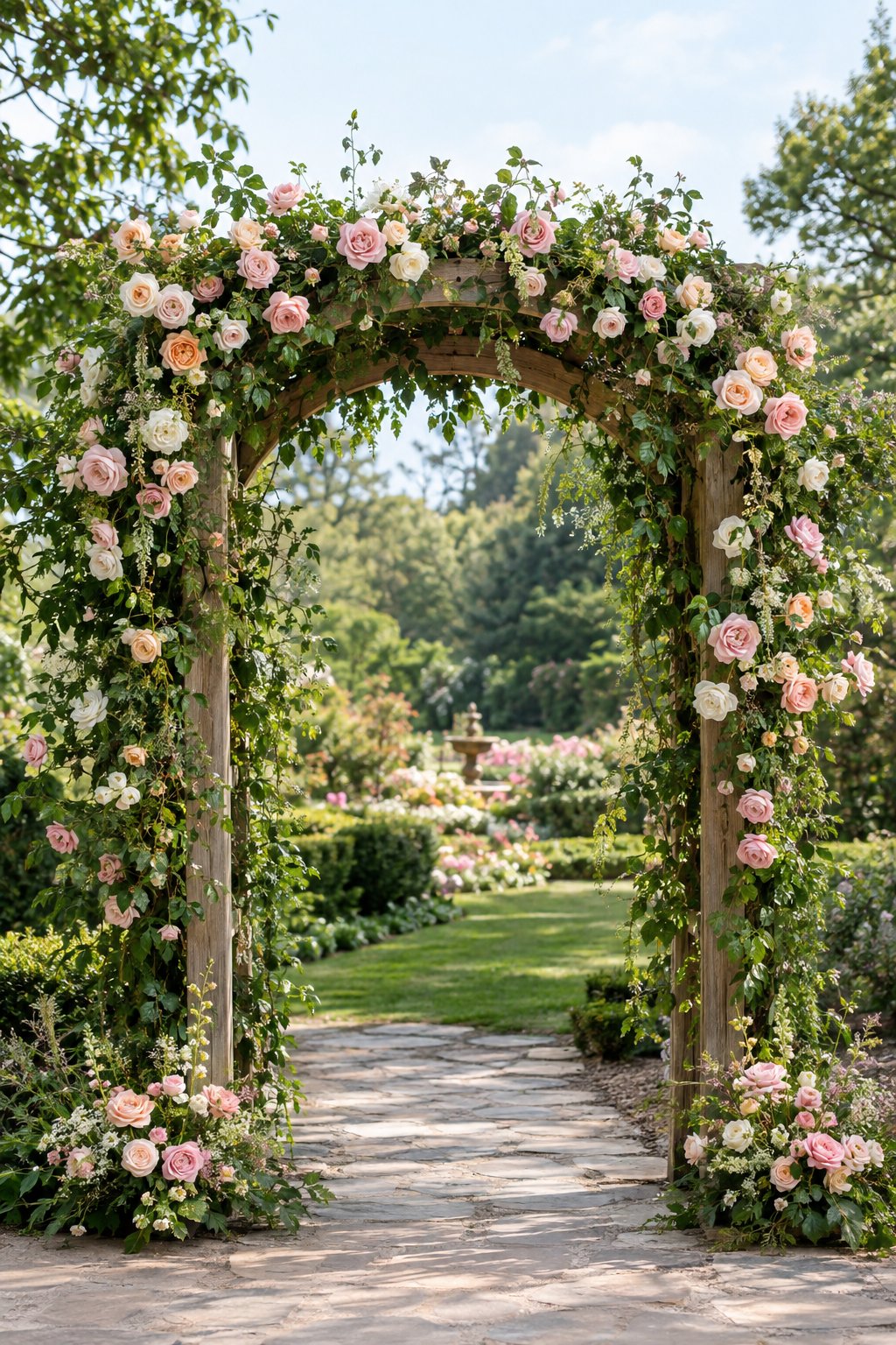 A garden arbor covered in roses spans a pathway.