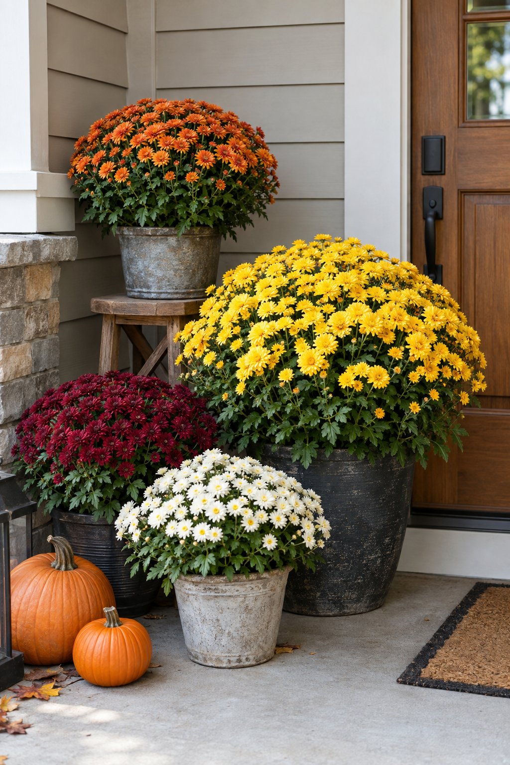 Colorful potted chrysanthemums arranged at different heights in a front porch corner.