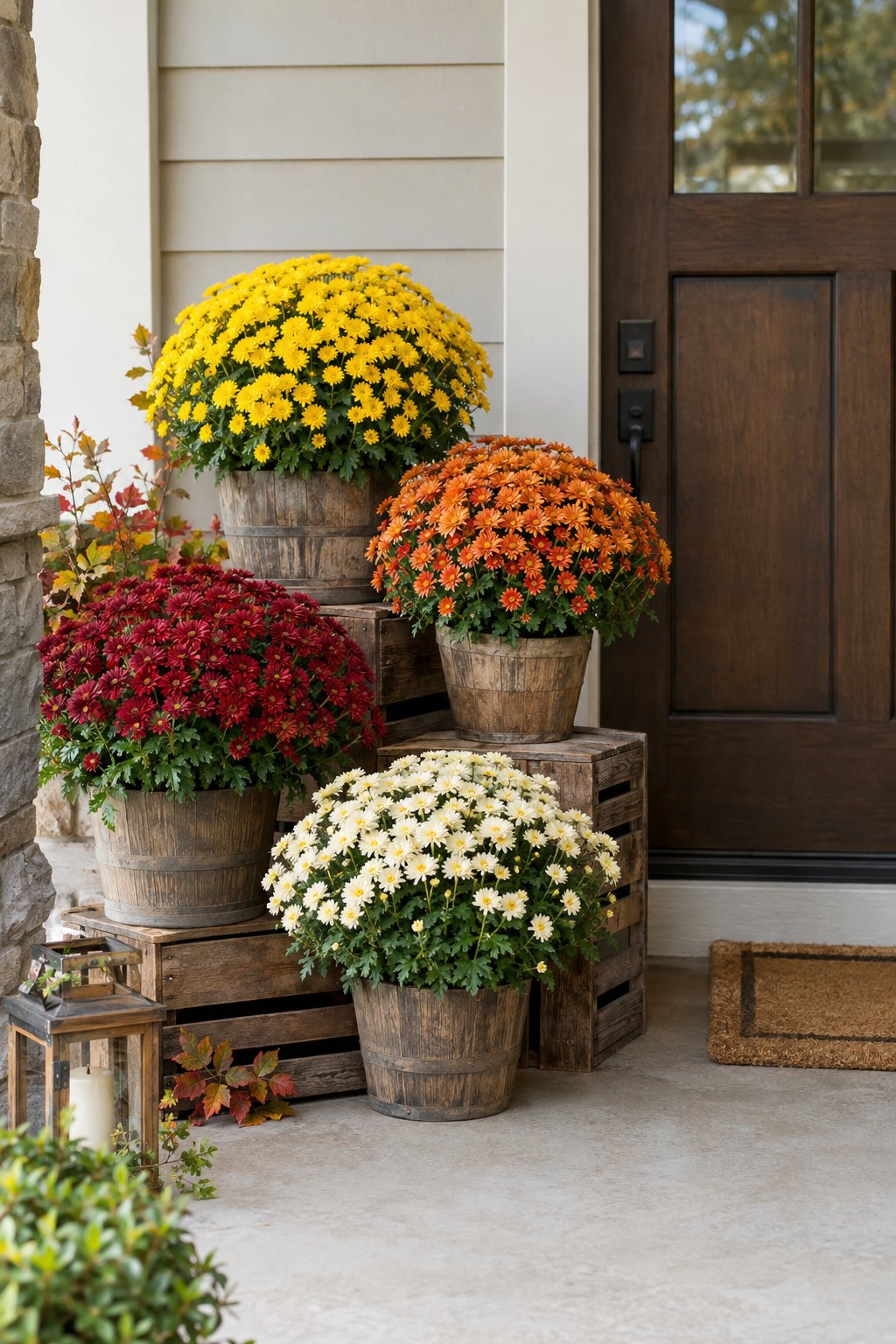 Colorful potted mums displayed on rustic wooden crates beside a front door.