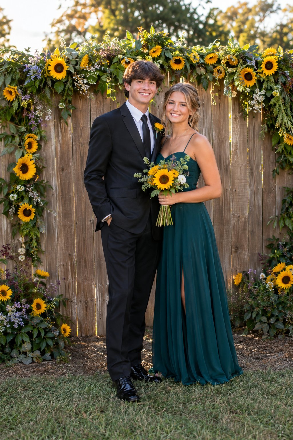 Students pose beside a wooden fence decorated with sunflowers.