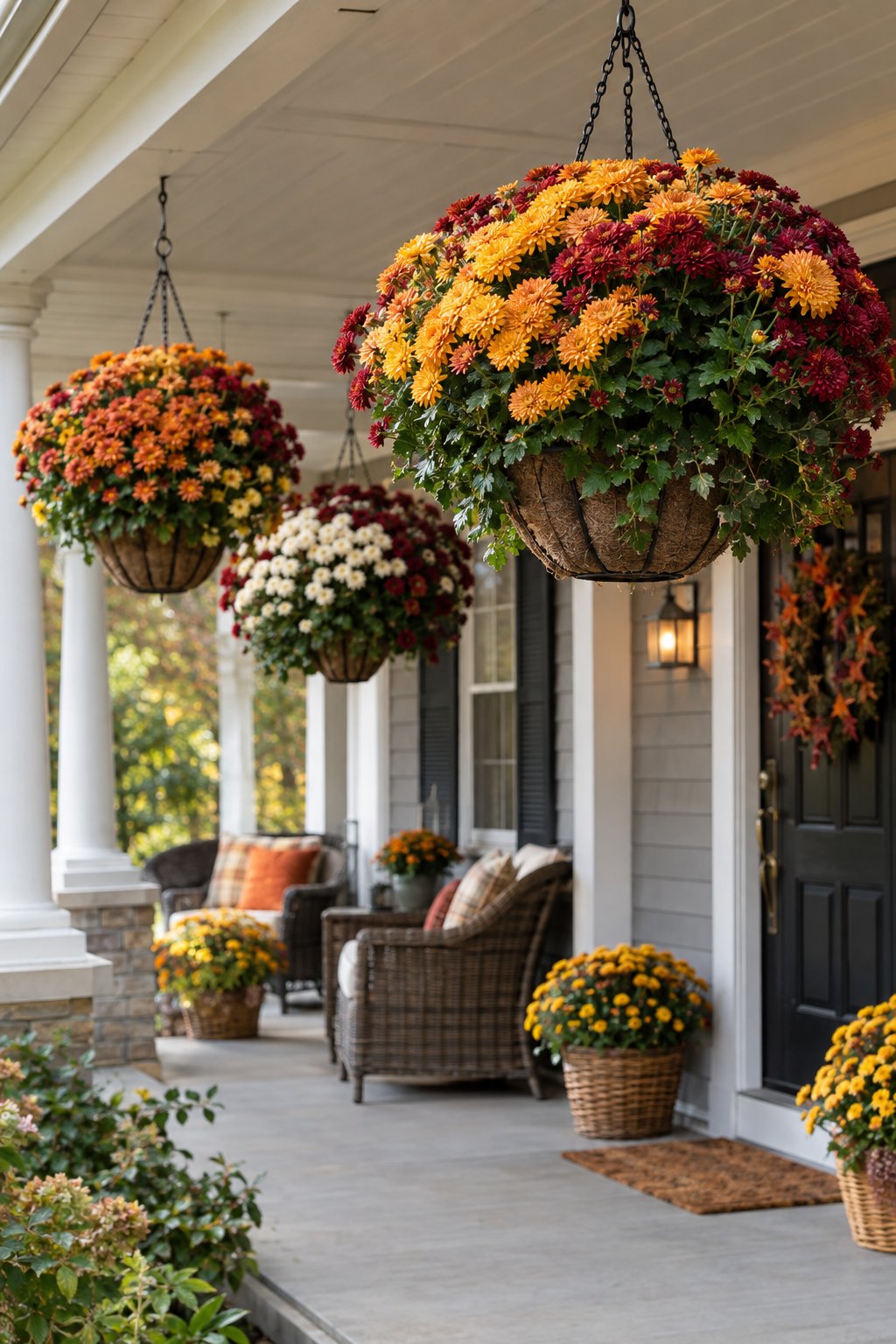 Hanging baskets of colorful mums decorate a home’s front porch.
