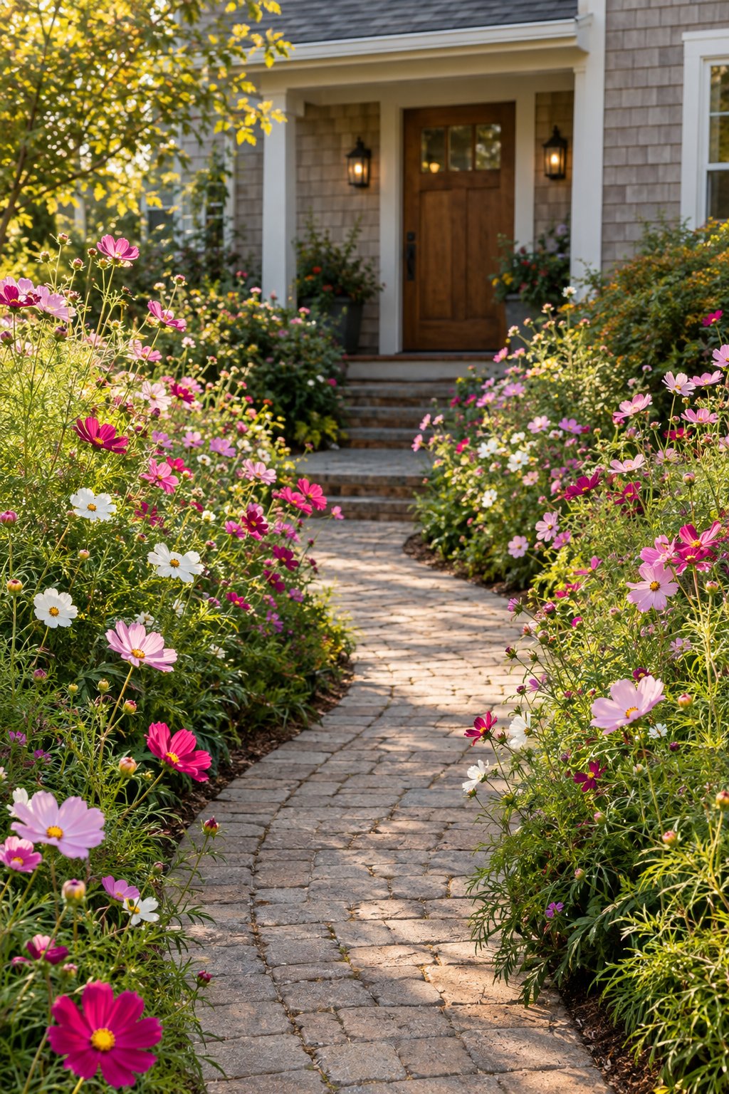 A garden path bordered by blooming pink and white cosmos leads to a home.