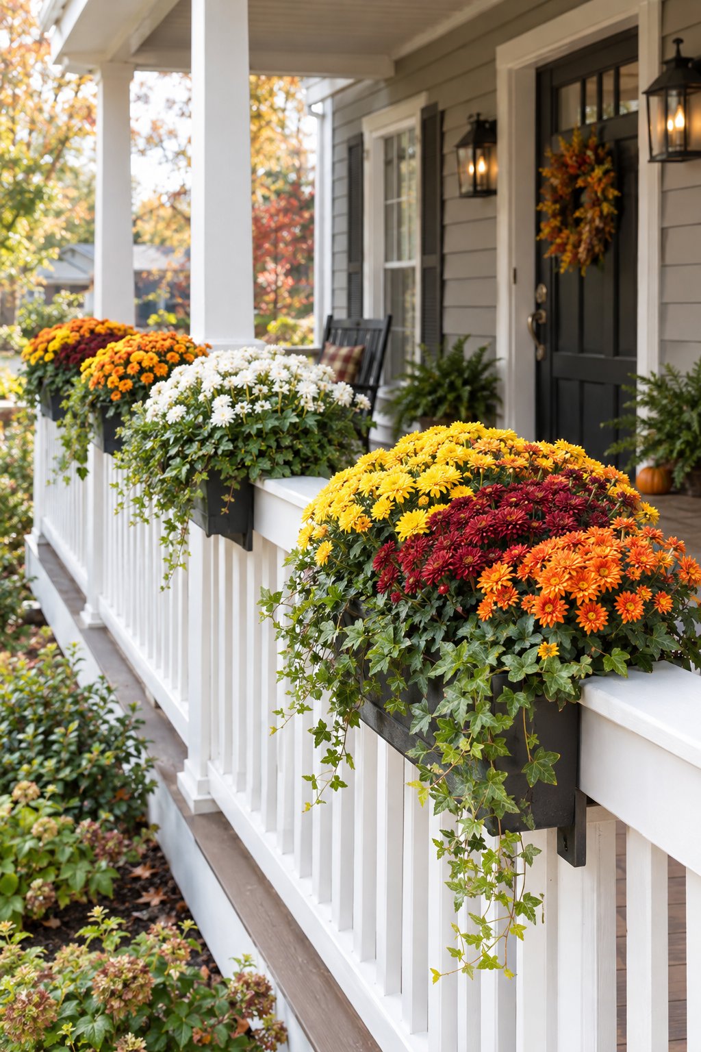 Colorful mum planters decorate a front porch railing.