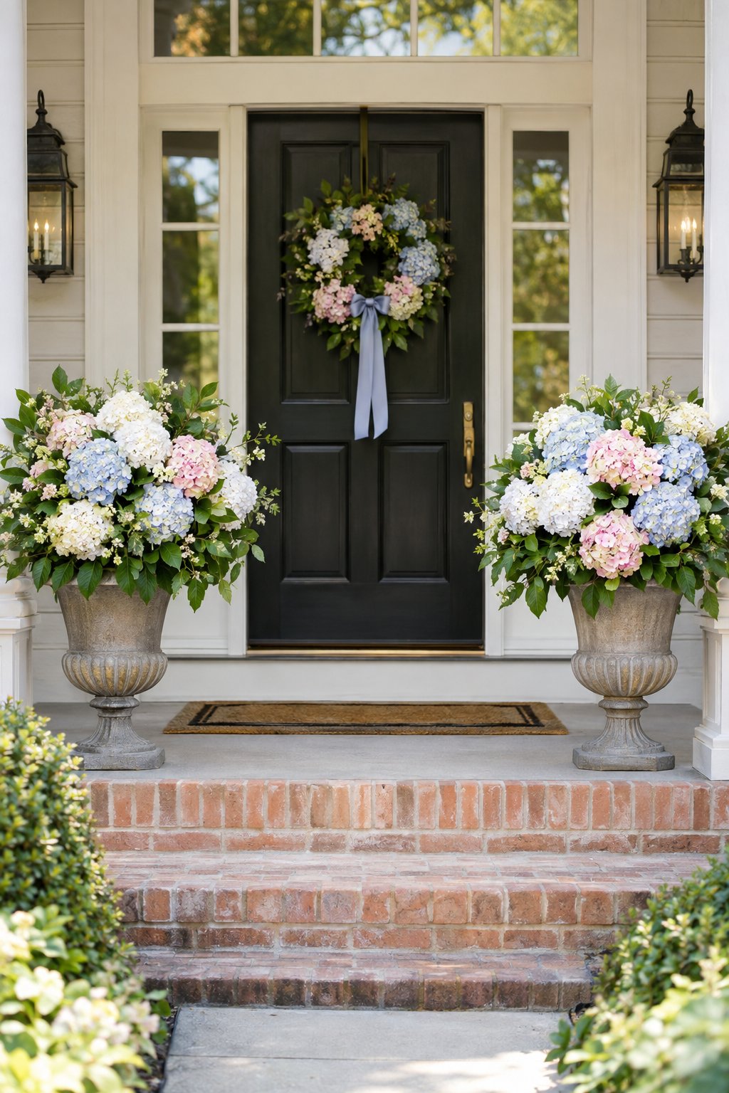 Two porch urns overflowing with colorful hydrangeas flank a home's entrance.