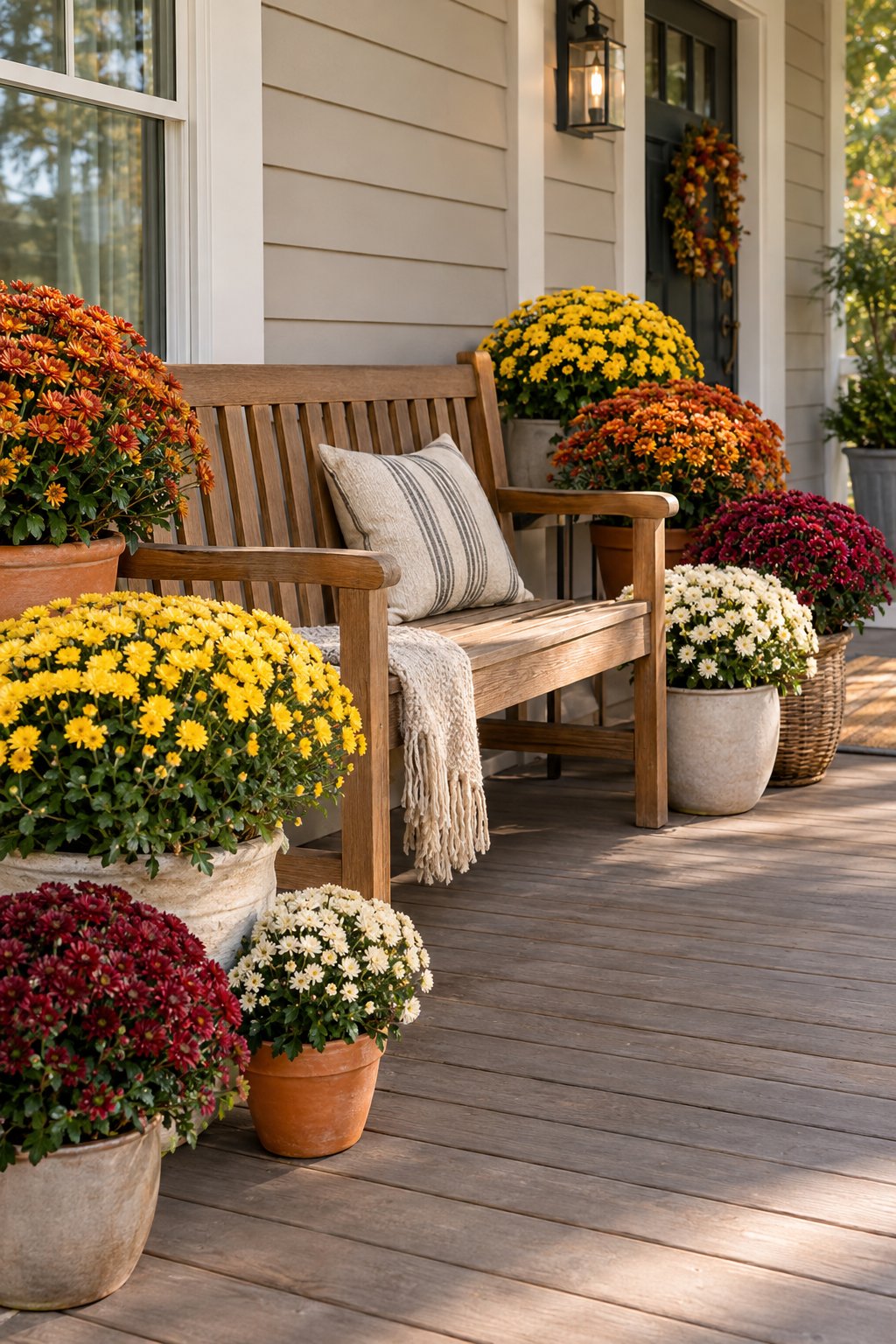 A wooden porch bench surrounded by colorful potted mums.