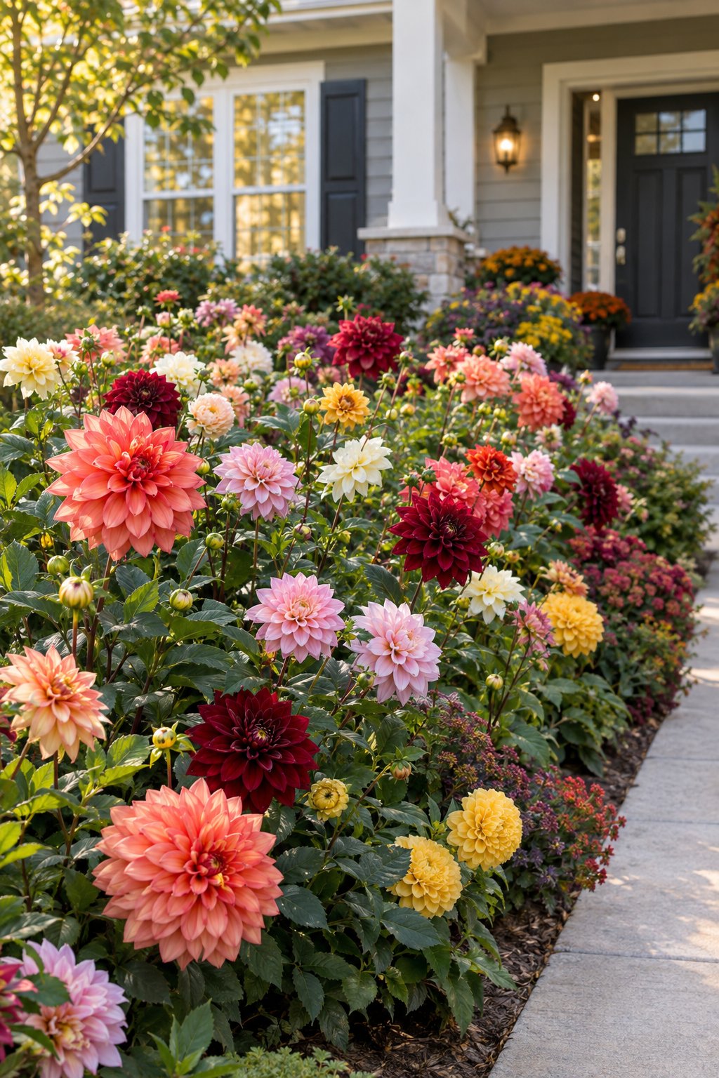Colorful dahlias fill a landscaped flower bed in front of a home.