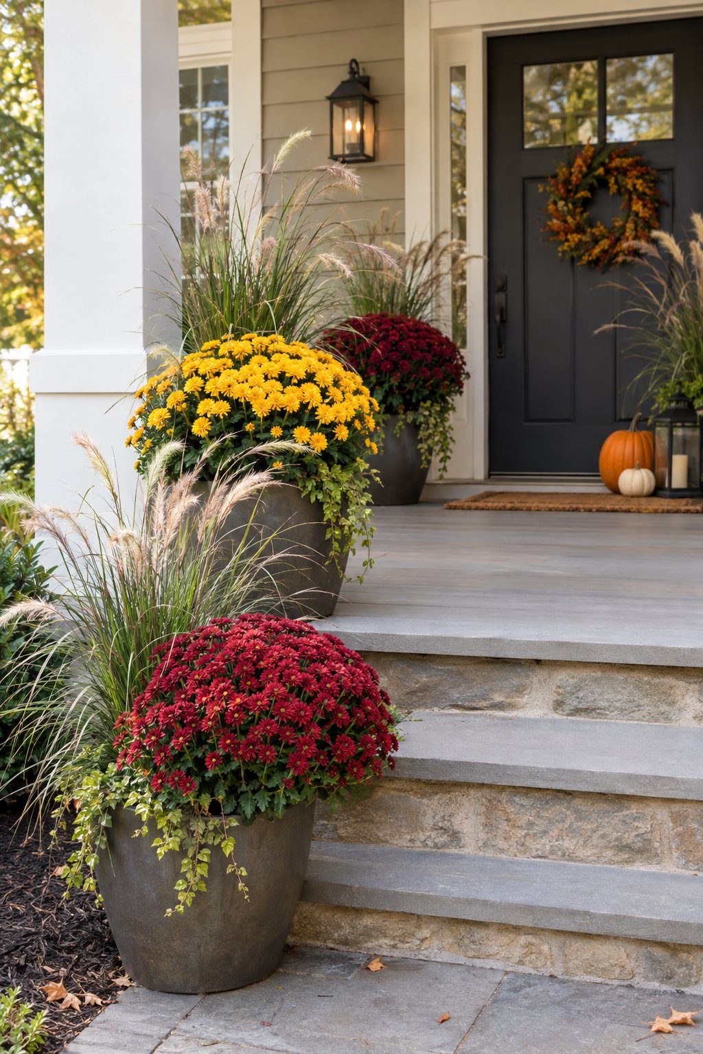 Colorful mums and ornamental grasses arranged in large containers on a front porch.