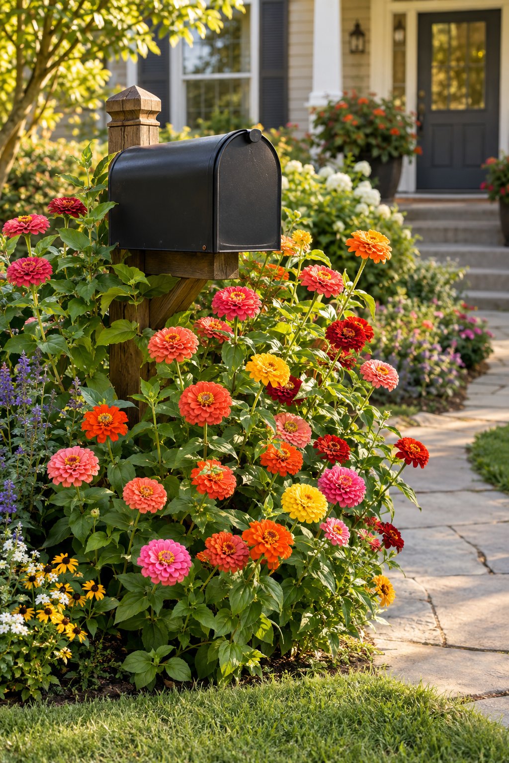 Colorful zinnias bloom around a mailbox beside a front walkway.
