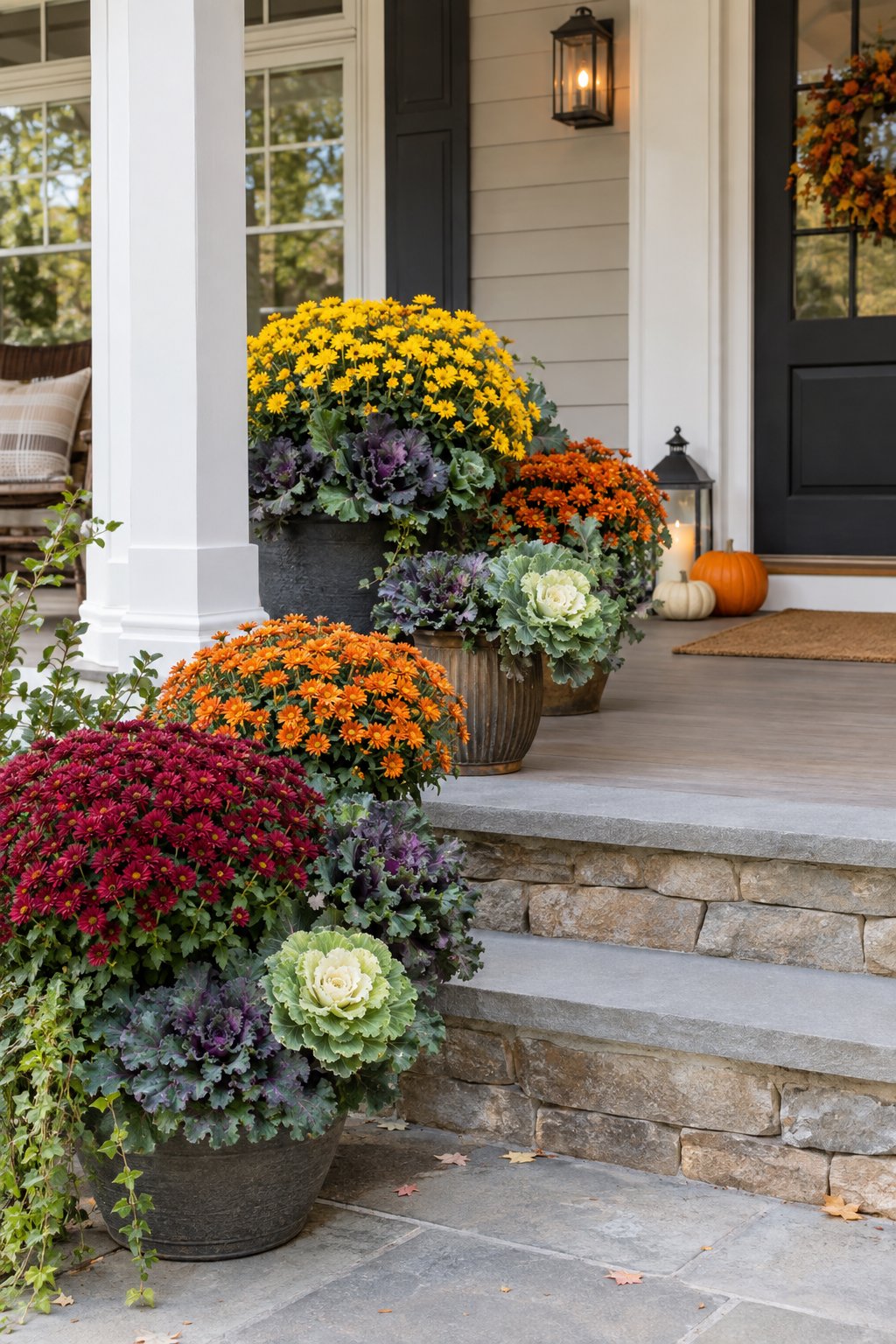 Colorful mums and ornamental cabbage and kale arranged in pots on a front porch.