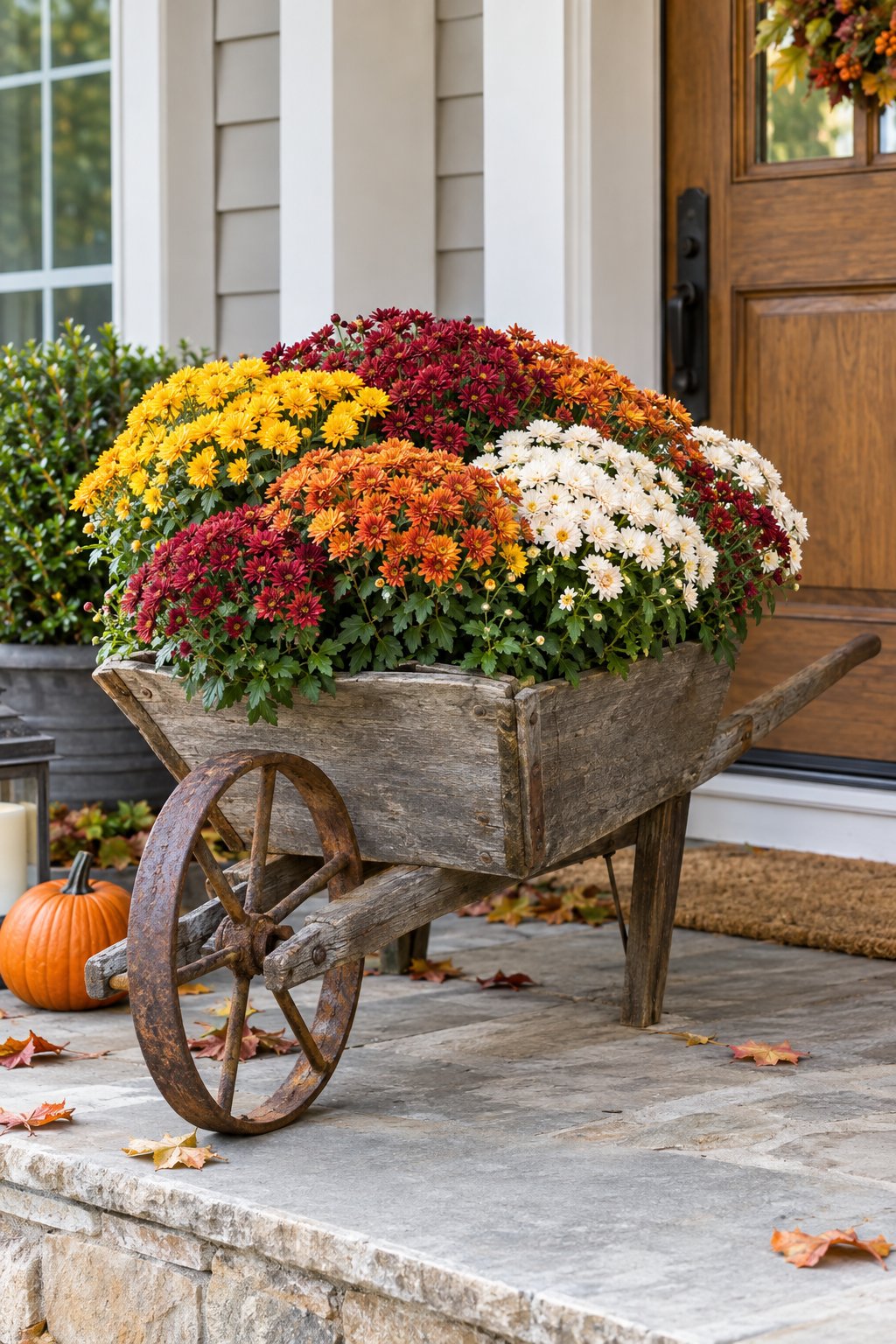 A vintage wheelbarrow filled with colorful mums sits on a front porch.