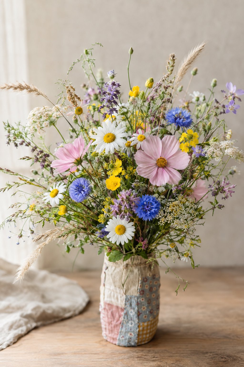 A small bouquet of colorful wildflowers arranged on a neutral surface.
