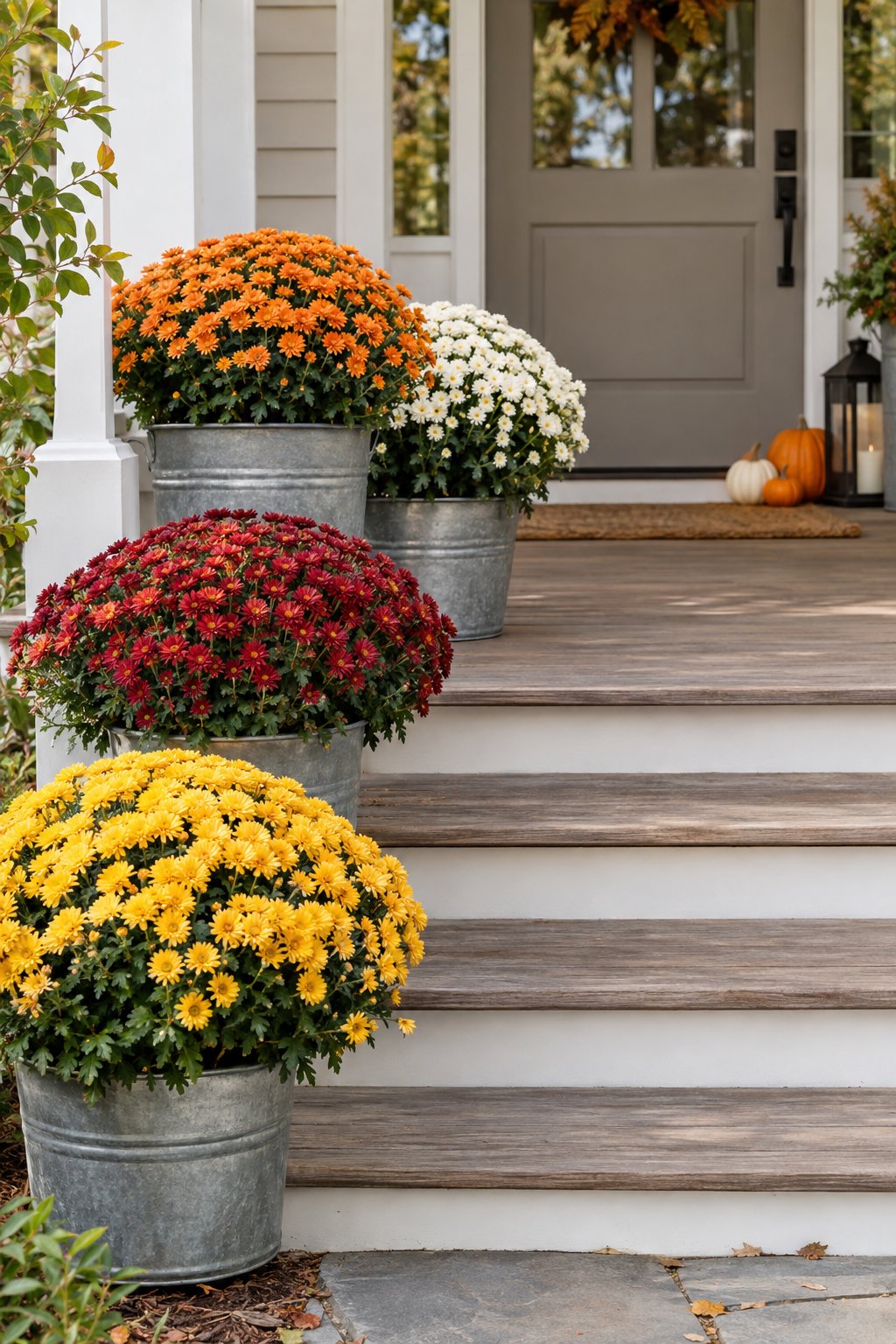 Colorful mums in galvanized metal tubs decorate a front porch.