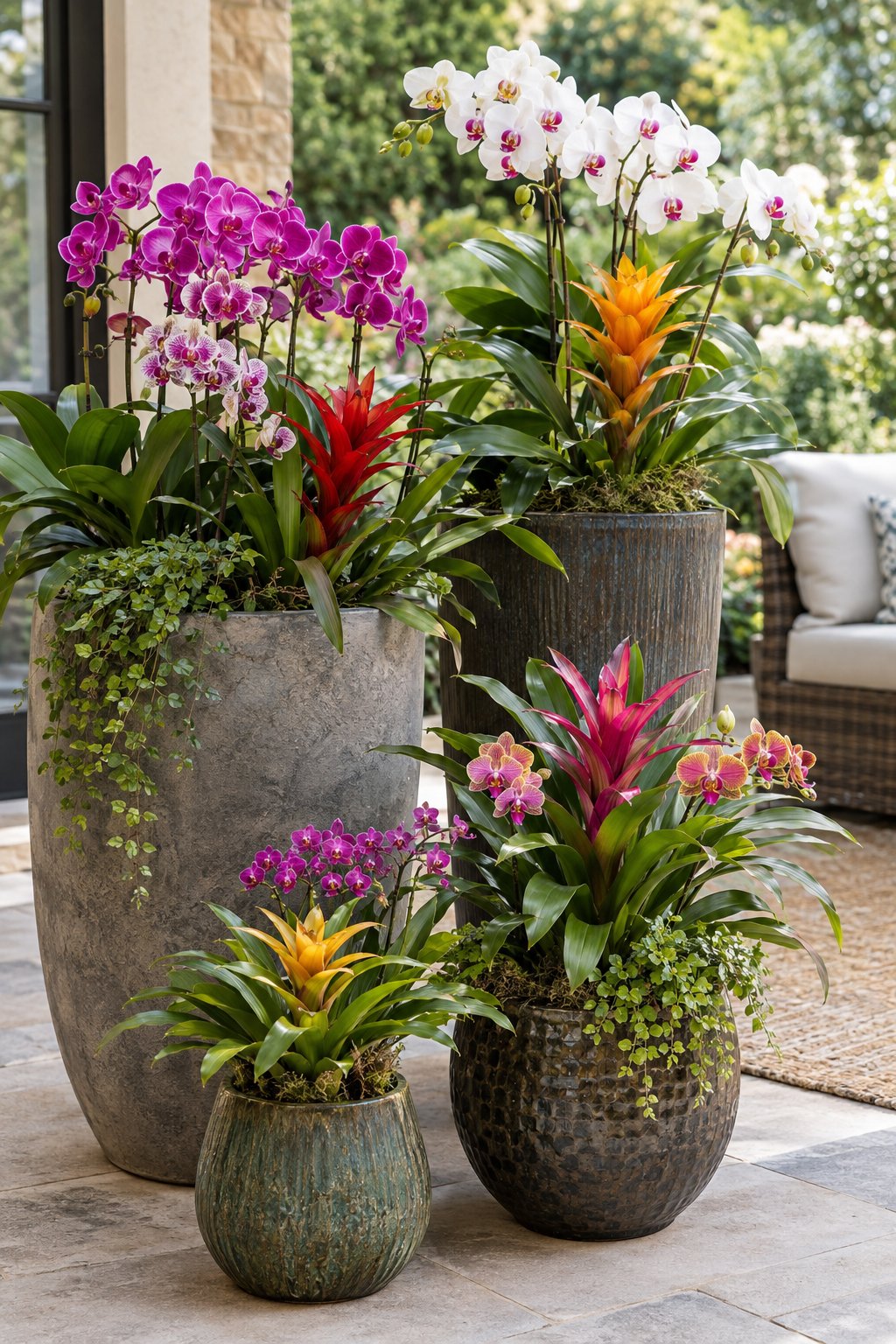 Flowering orchids and bromeliads arranged in containers on a patio.