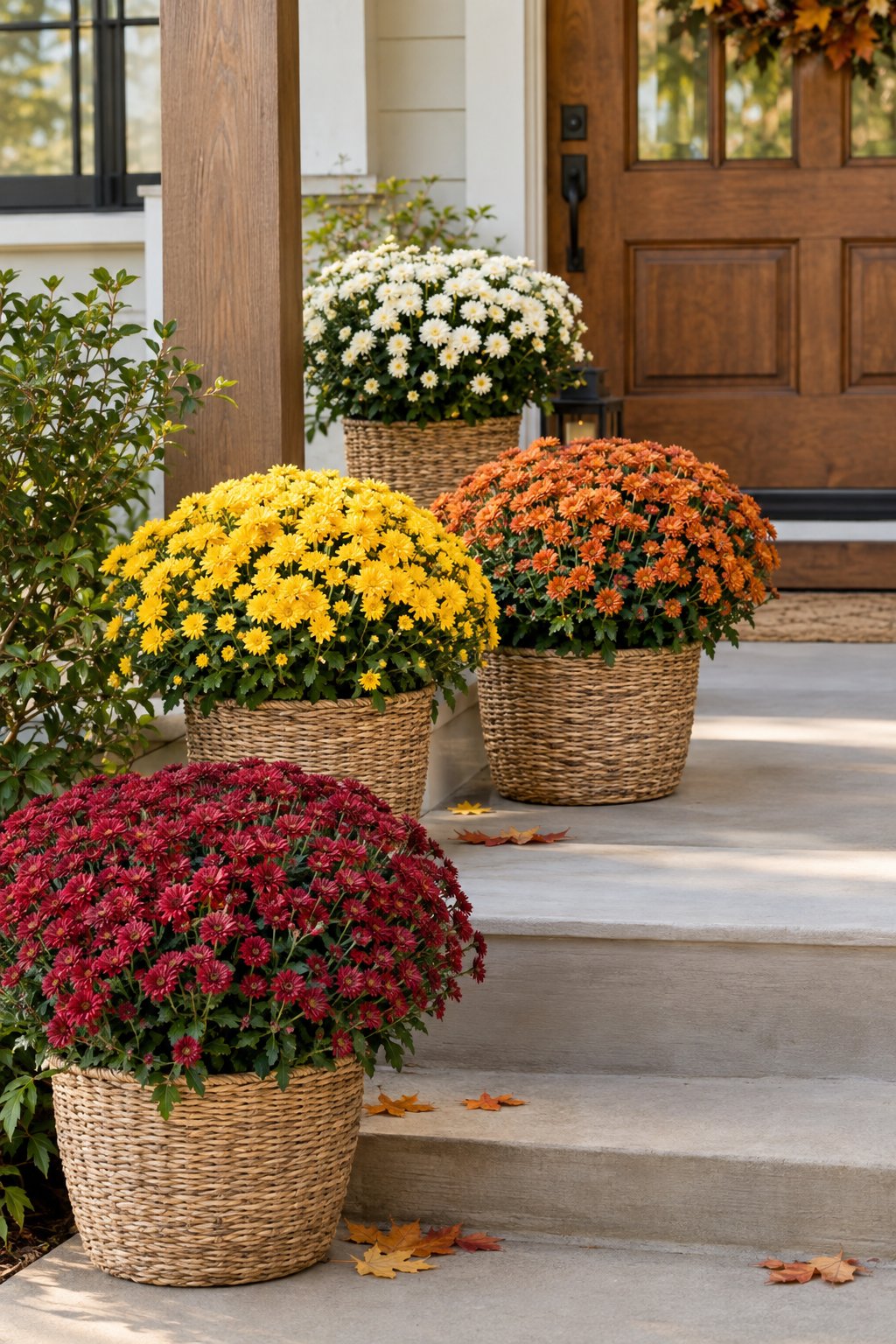Colorful chrysanthemums in woven baskets arranged on a front porch.