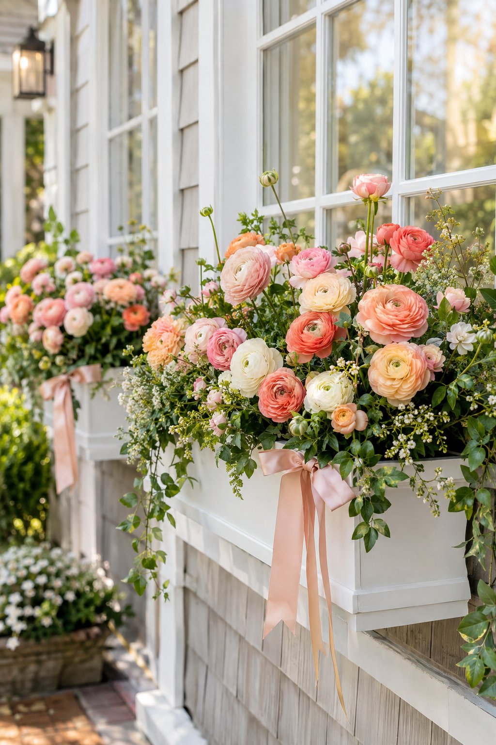 Pink, cream, and peach ranunculus fill a window box beneath a home window.