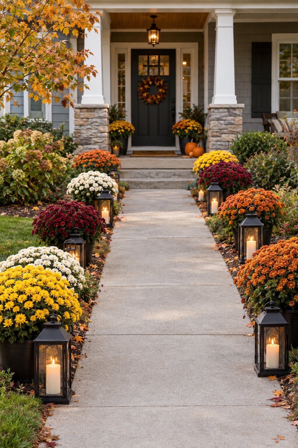 Potted autumn mums and glowing lanterns line a walkway to a front porch.