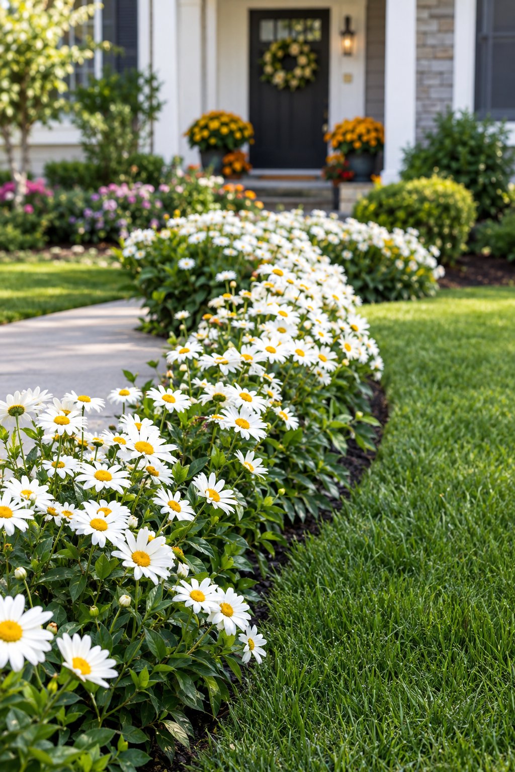 White daisies border a curved garden path beside a green lawn.