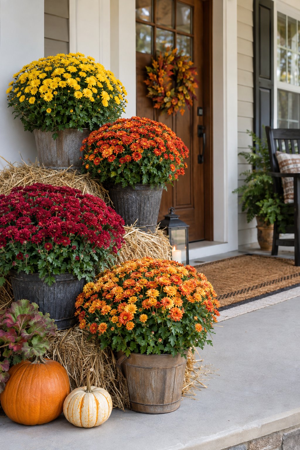 Colorful potted mums arranged on hay bales beside a home's front entrance.
