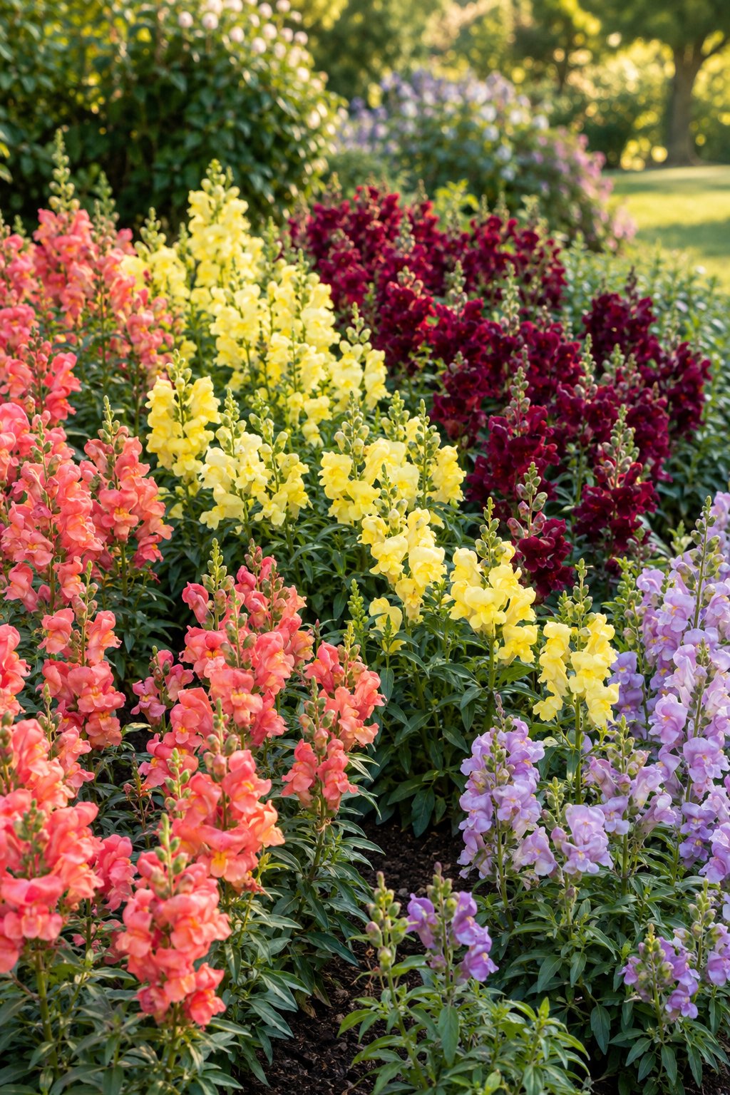 A garden bed planted with snapdragons in colorful sections.