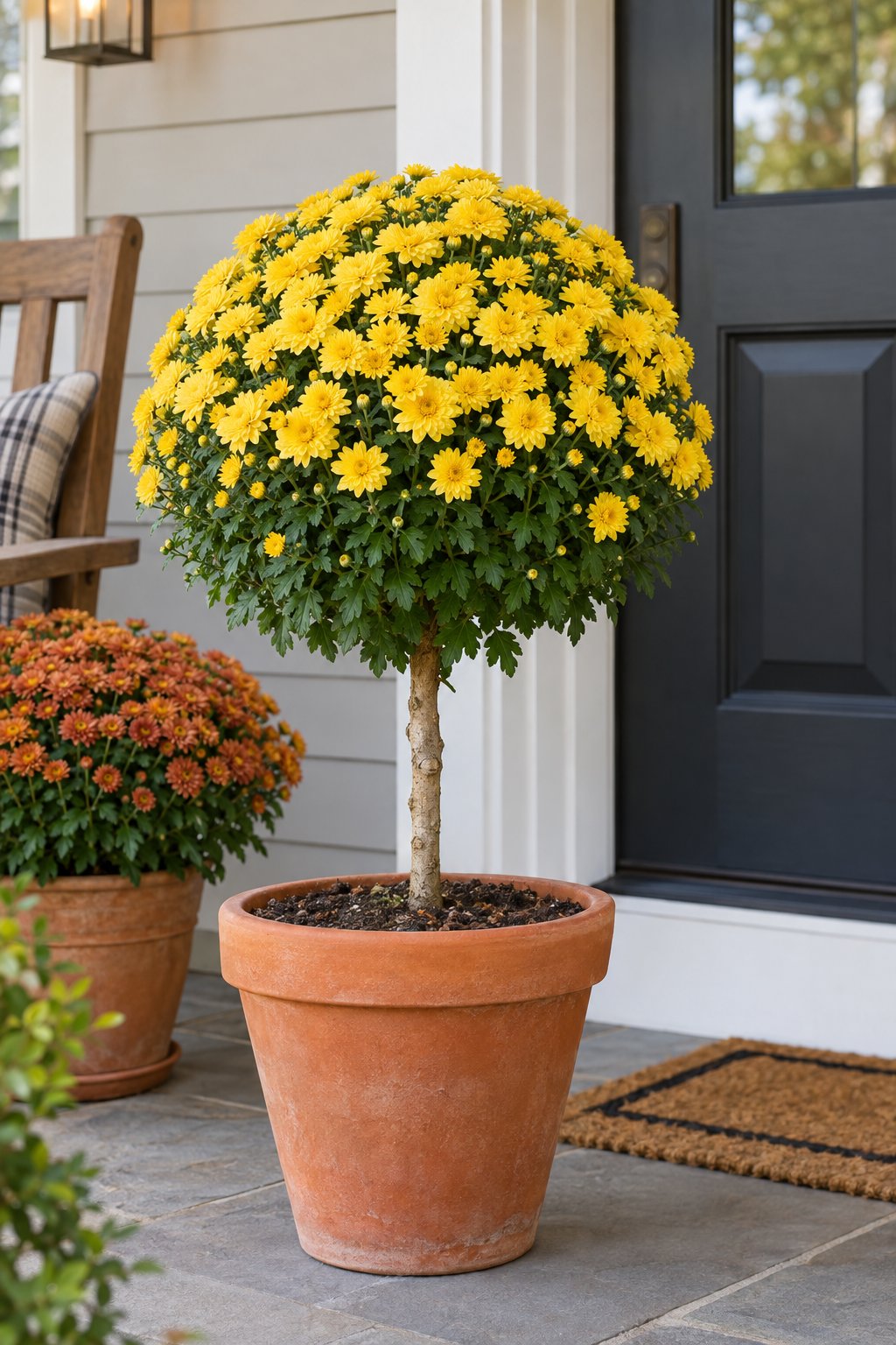 A rounded yellow mum topiary in a terracotta pot beside a front door.