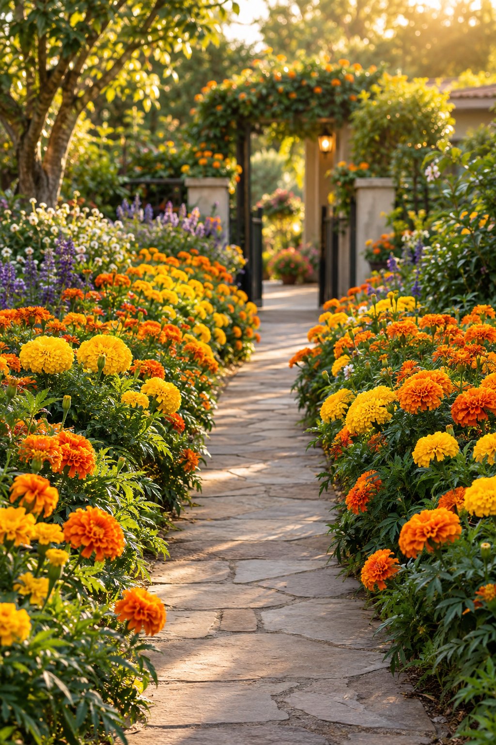 A garden path bordered by blooming orange and yellow marigolds.