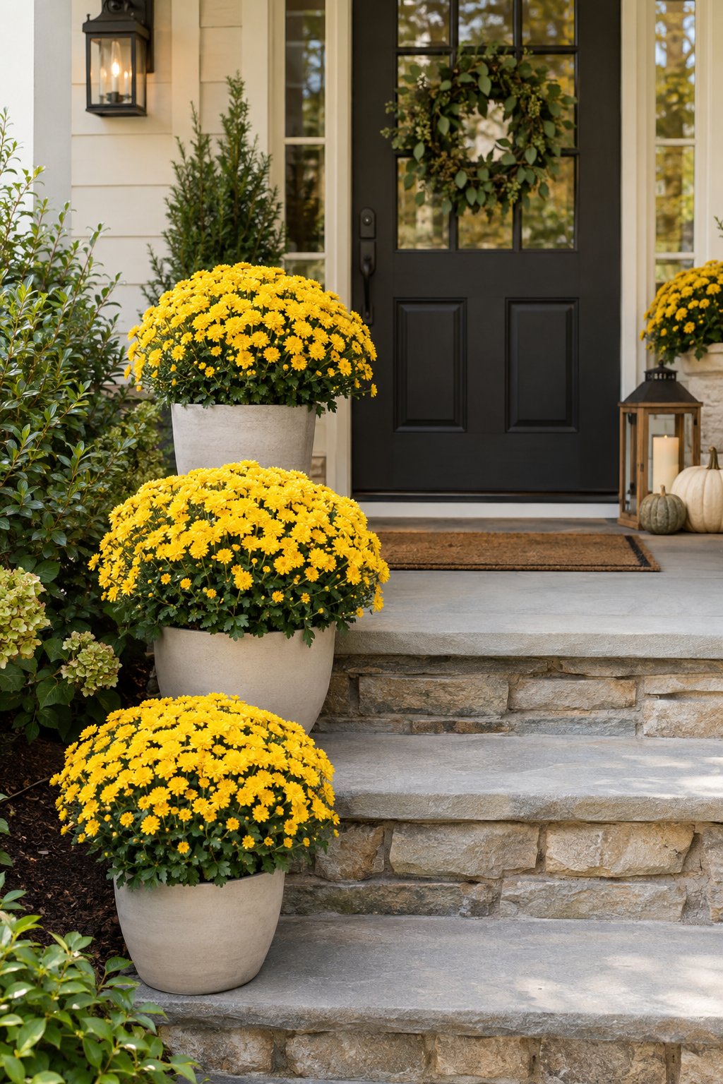 Golden-yellow mums in pots decorate a front porch beside the entrance.