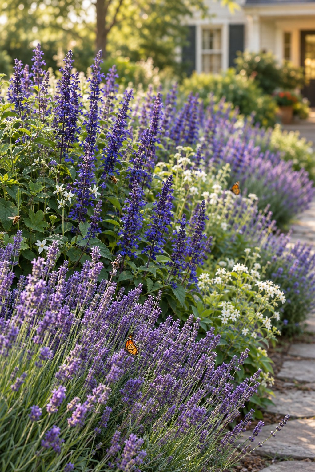 Lavender and purple salvia bloom along a garden path as bees and butterflies visit the flowers.