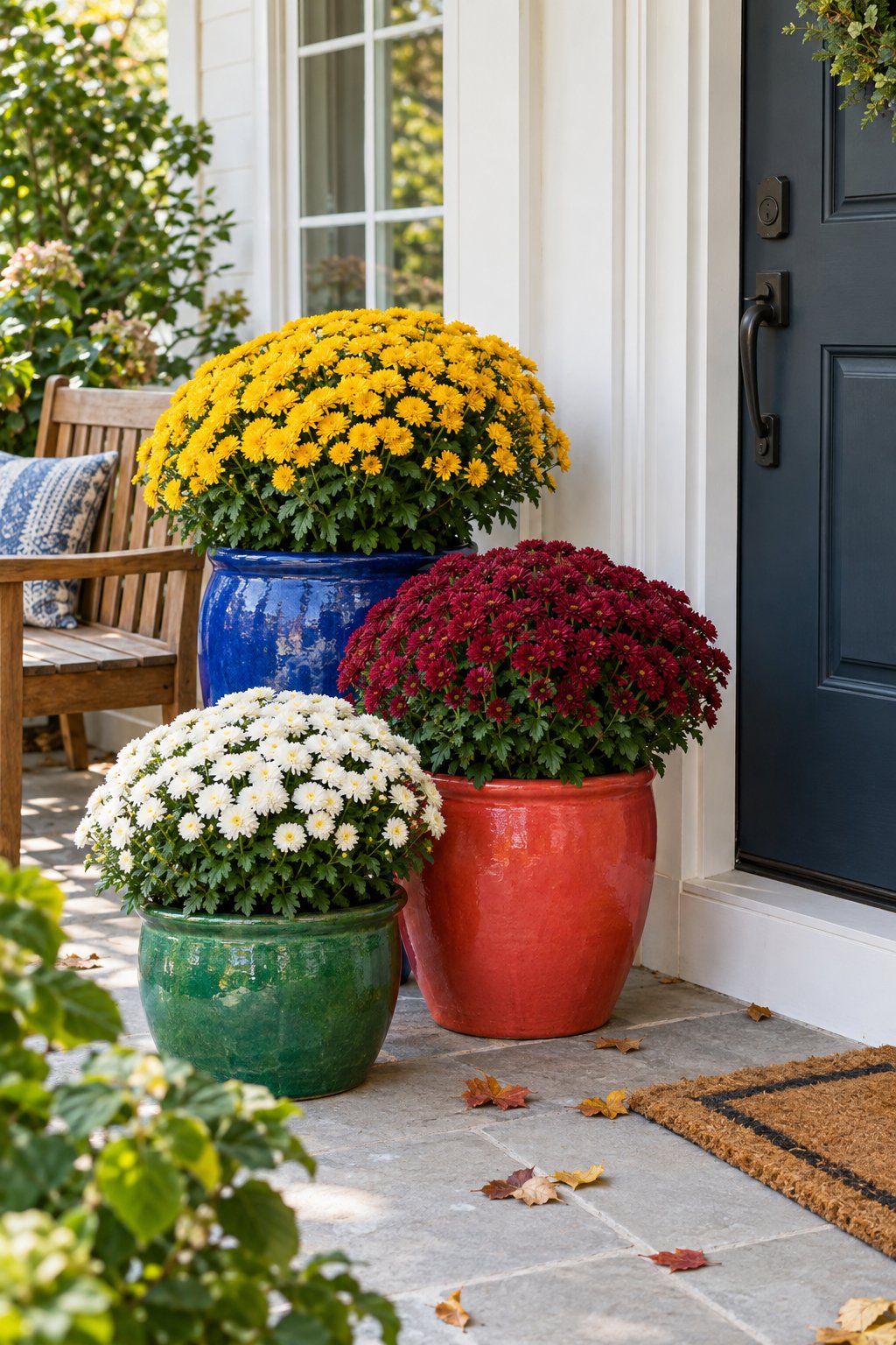 Colorful chrysanthemums arranged in boldly painted pots on a front porch.