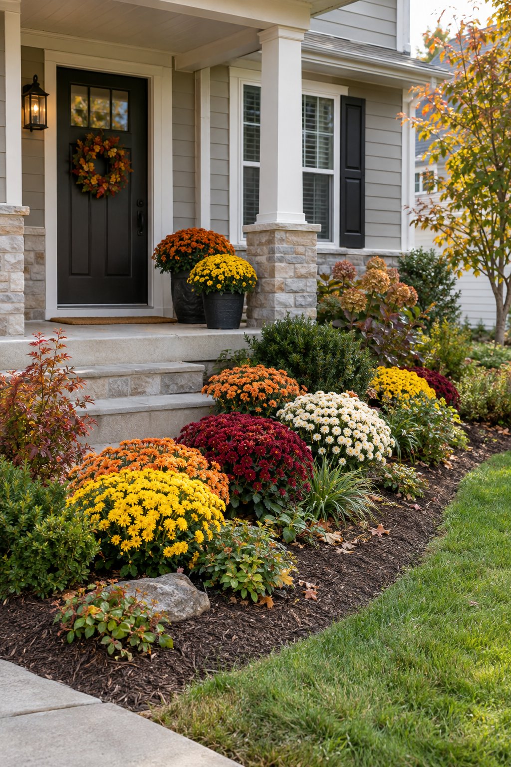 Colorful mums in pots on a front porch continue into a curved garden bed.