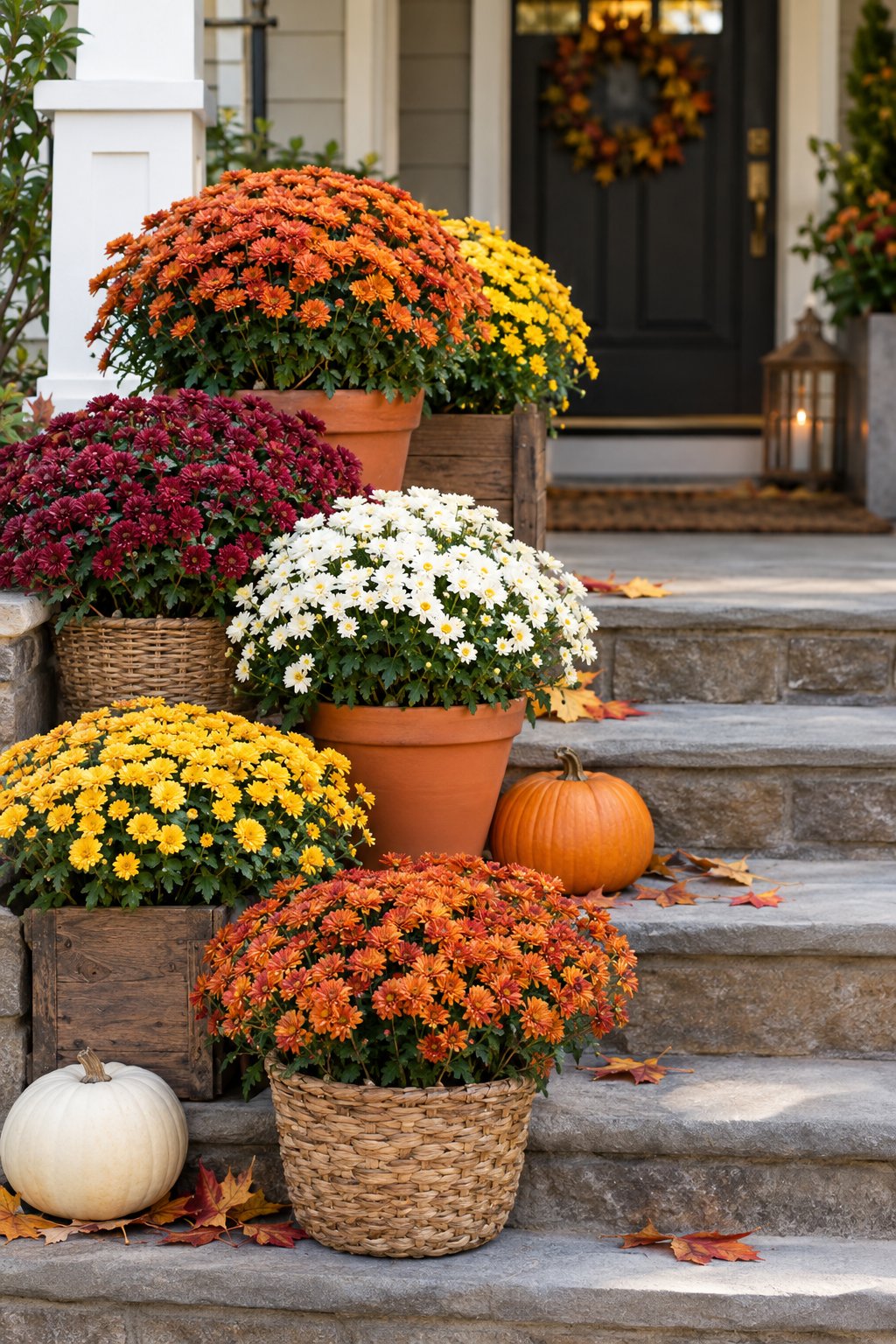 Colorful chrysanthemums and pumpkins decorate the steps of a front porch.
