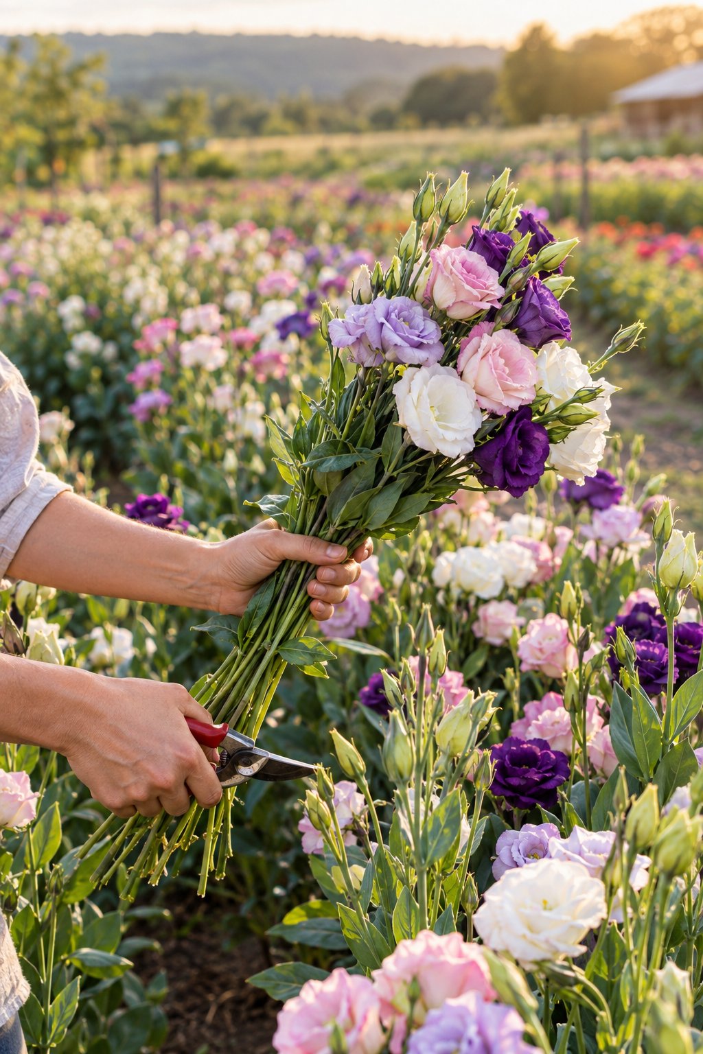 A person gathers pink, white, and purple lisianthus flowers in a garden patch.