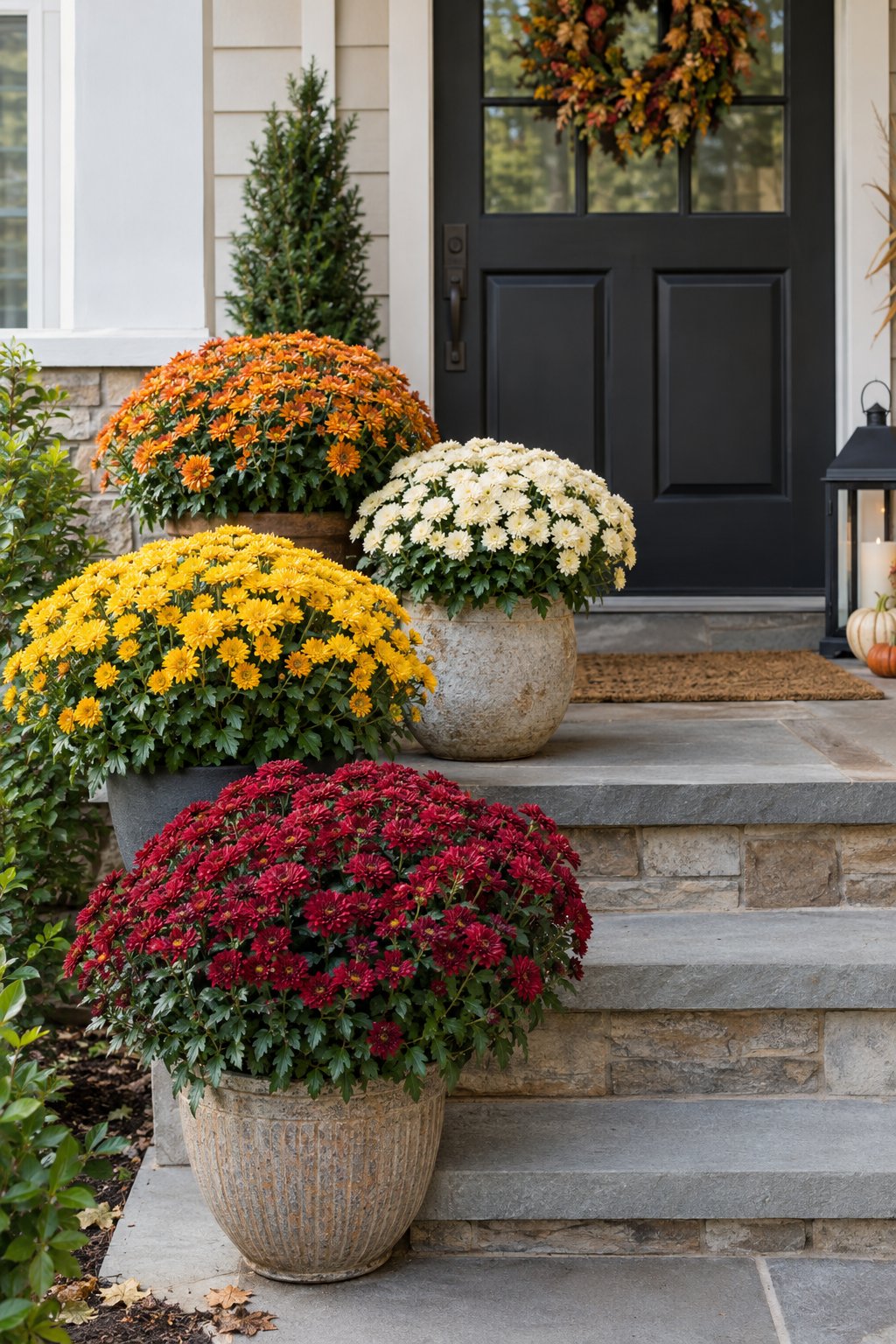 Potted chrysanthemums in autumn colors decorate a home’s front porch.