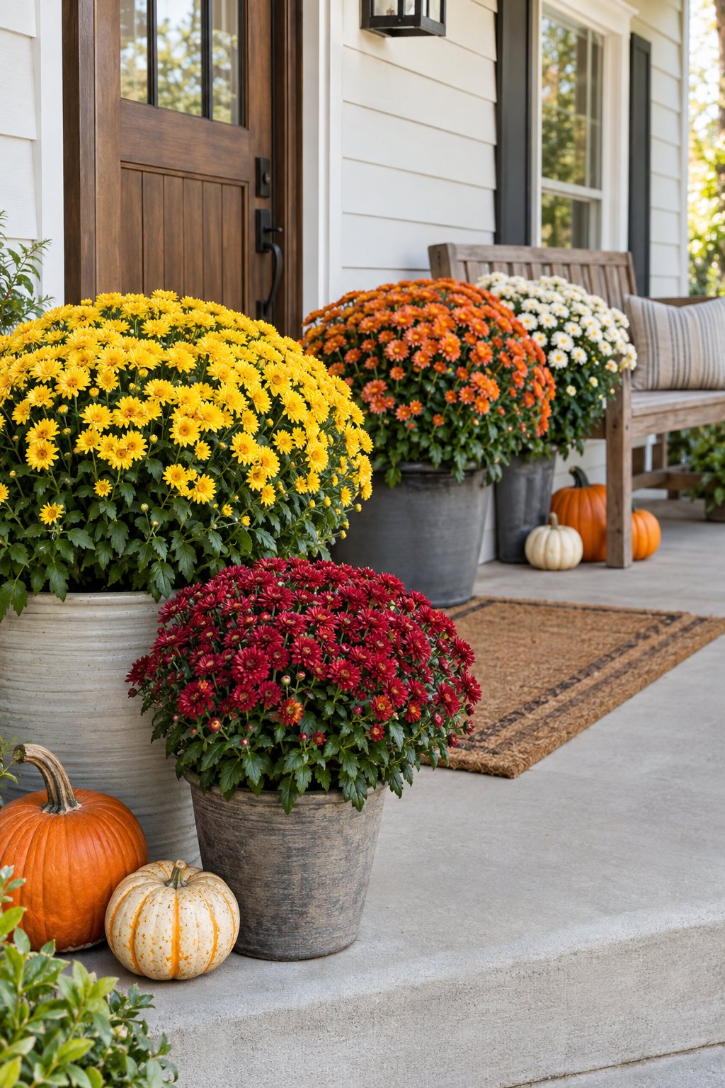 Colorful potted mums decorate a welcoming front porch.