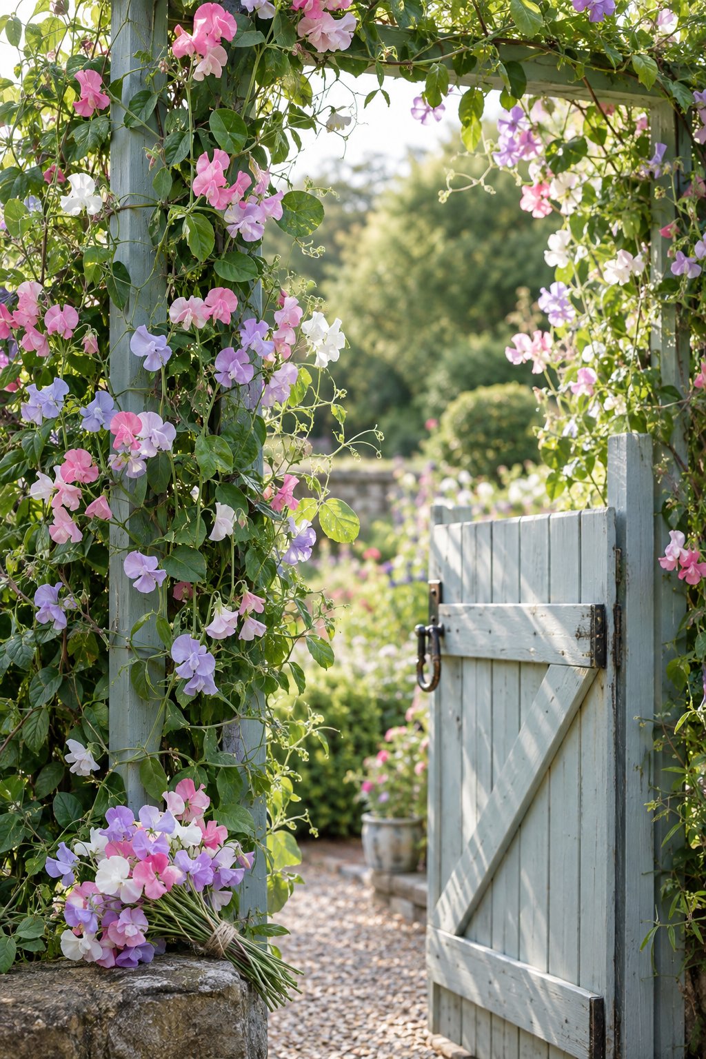 Pink, lavender, and white sweet peas climb a trellis beside a garden gate.