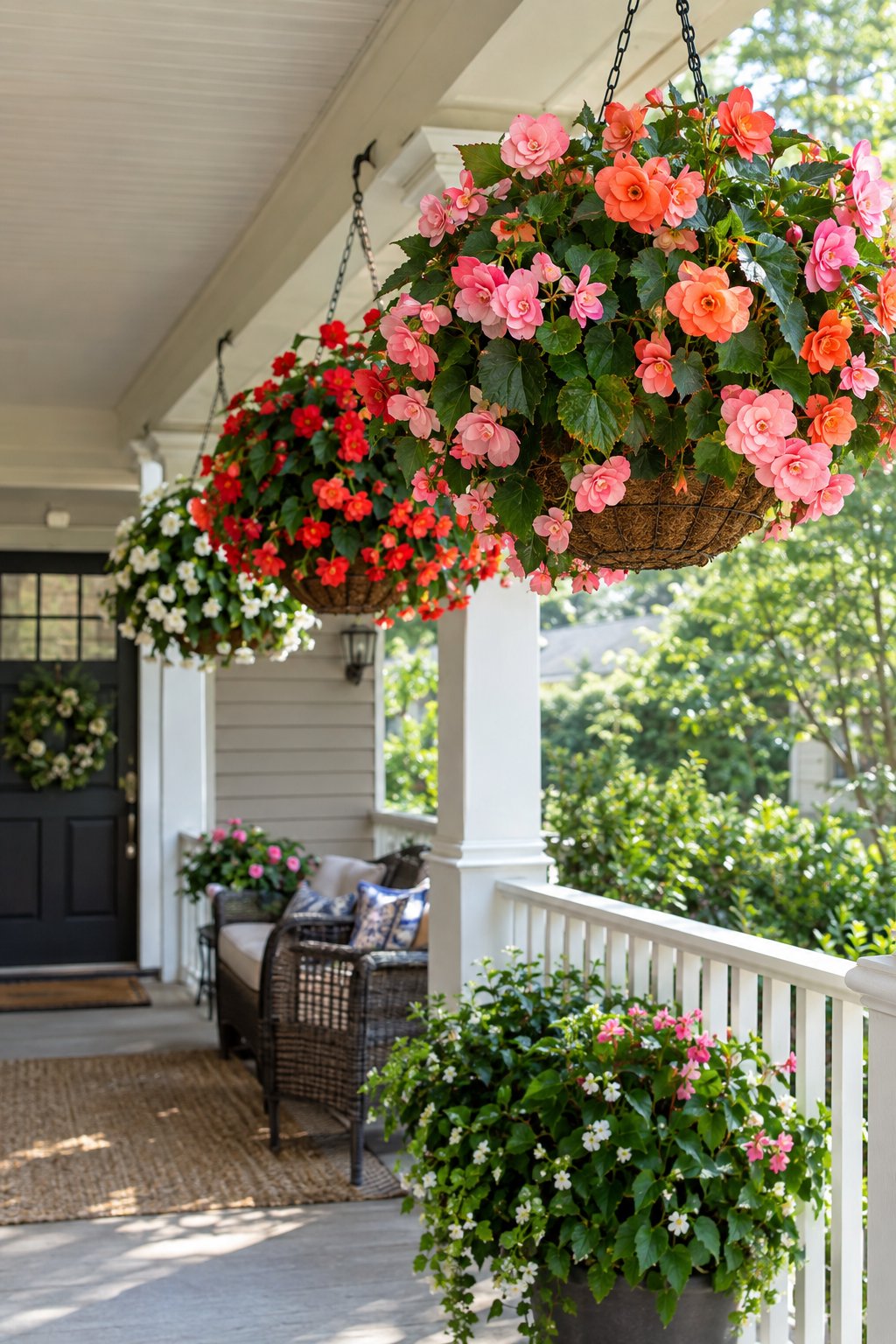 Colorful begonia baskets hang on a shaded front porch.