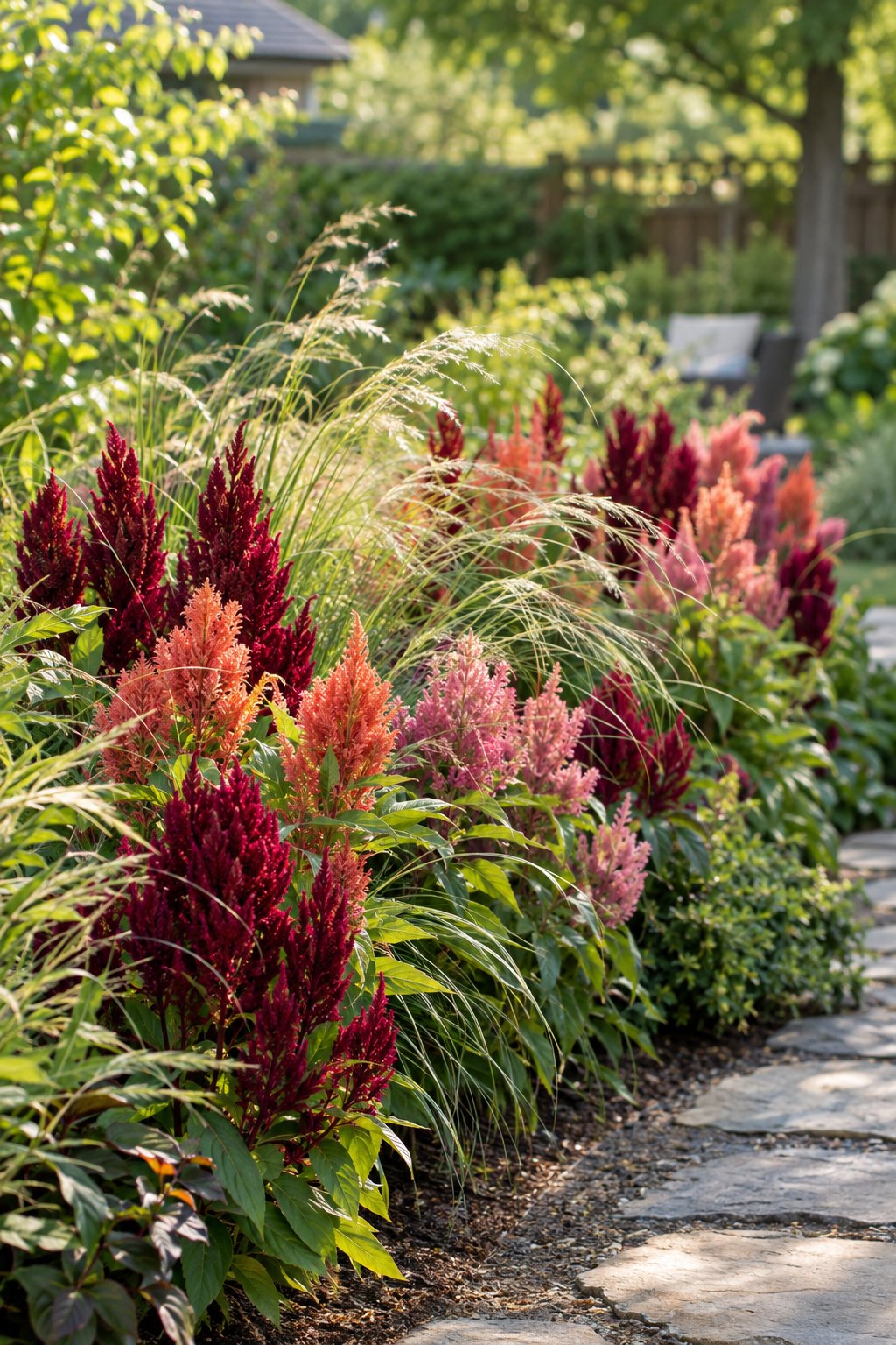 Burgundy and pink celosia flowers and ornamental grasses border a backyard path.