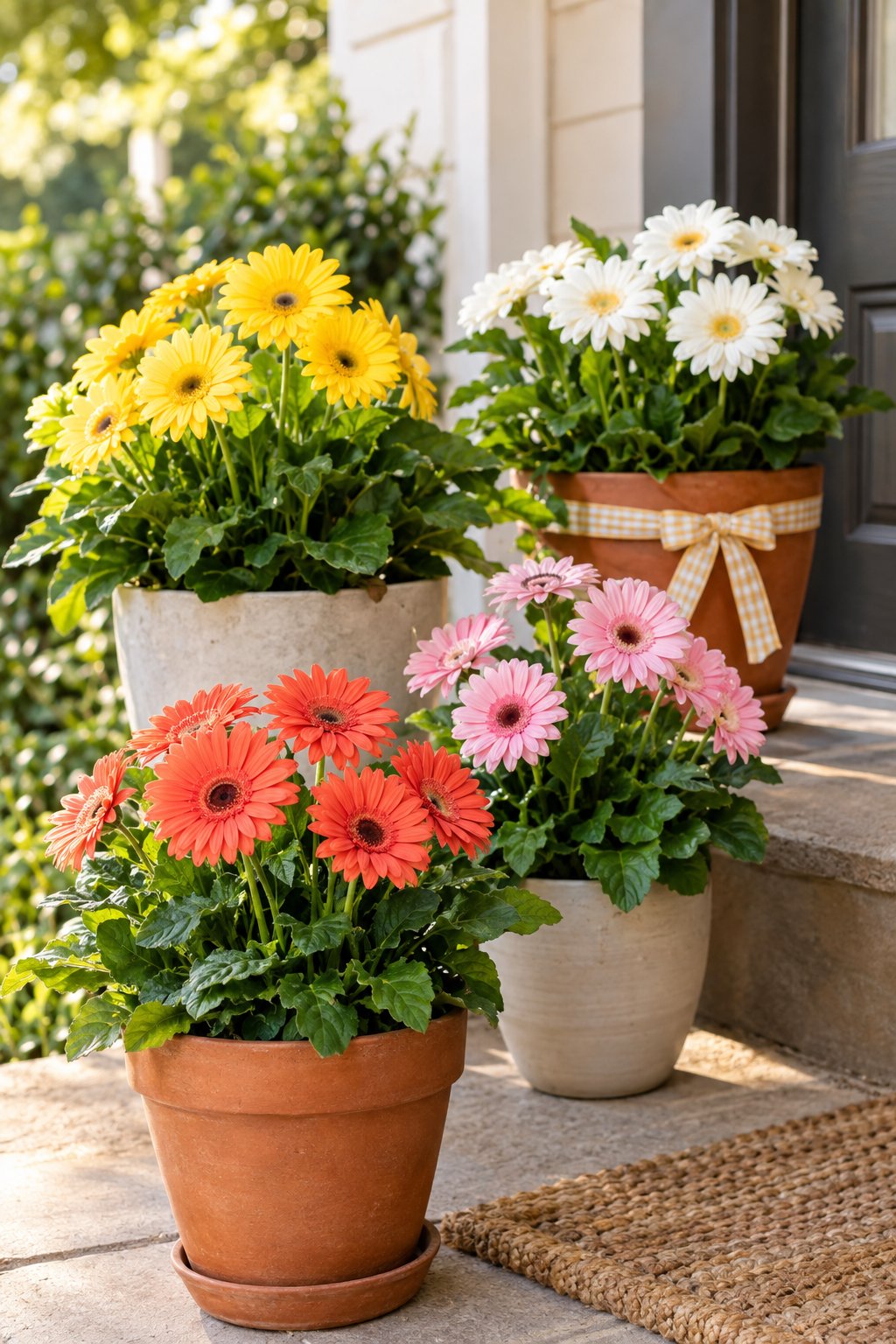 Colorful gerbera daisies bloom in pots on a home patio.