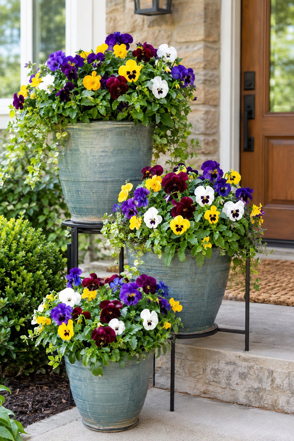 Colorful pansies fill tiered planters beside a home entrance.