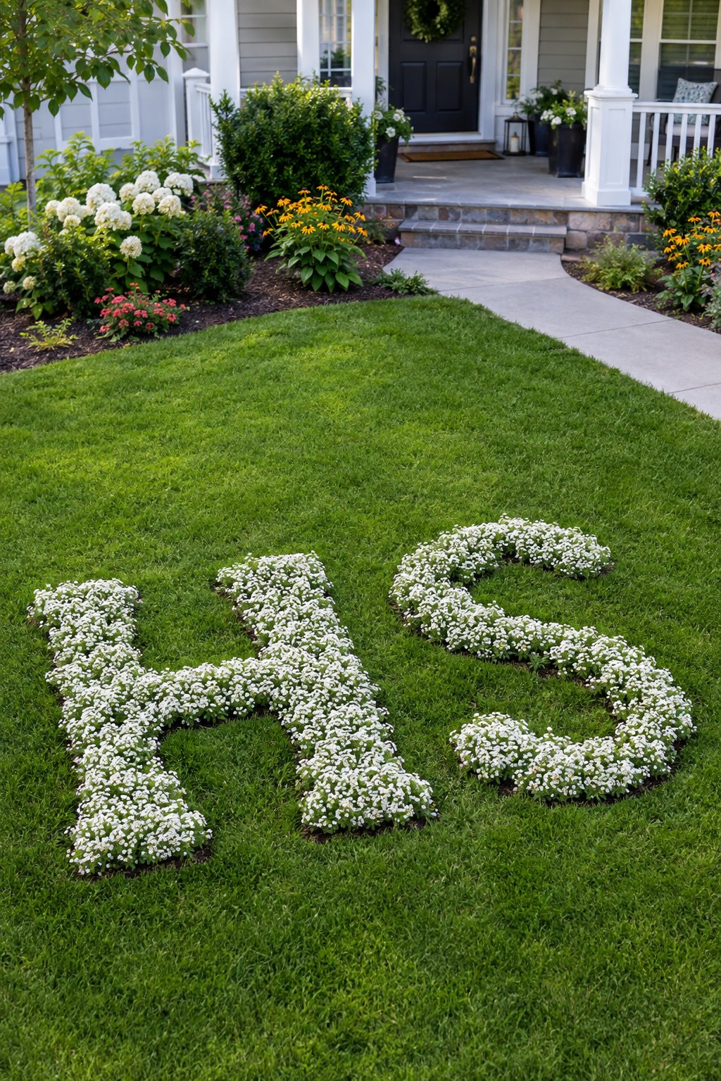 White alyssum flowers arranged in initials on a front lawn.